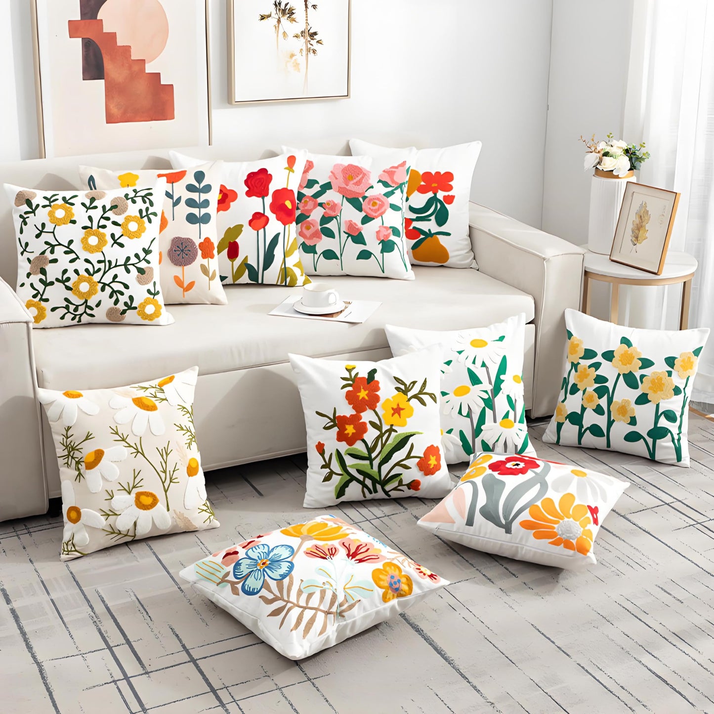 TAOSON Pack of 2,Flowers and Leaves Pattern Embroidered Throw Pillow Cover,Cotton Canvas Cushion Covers, Spring Farmhouse Decor, Valentine's Day Gift Square Farmhouse Floral Pillow Case 18" x18"