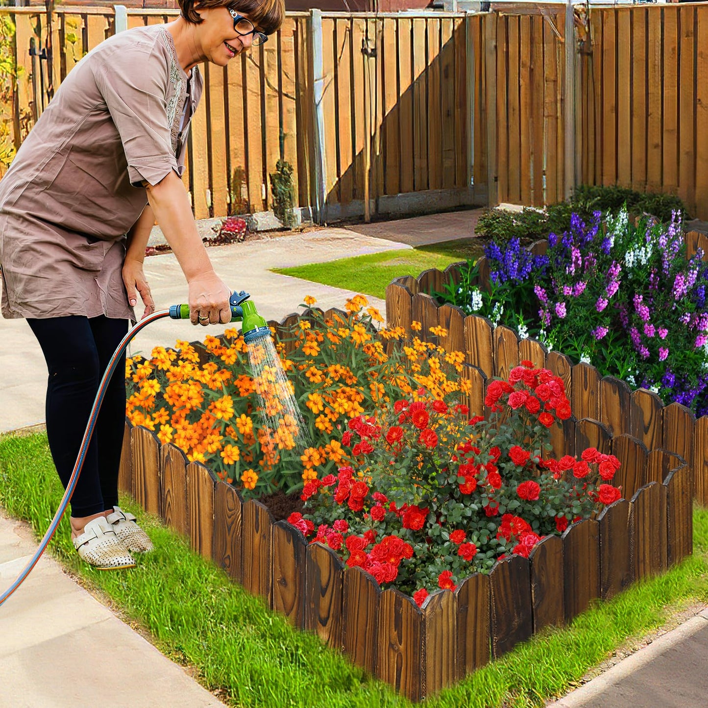 Rustic Pine Wood Garden Fence - 13.2ft Total Length (2pcs 6.6ft L*12in H) Easy to Install Sturdy Wooden Landscape Edging Border, No Fading Planter Fencing for Yard Flower Bed Lawns Pathway Tree