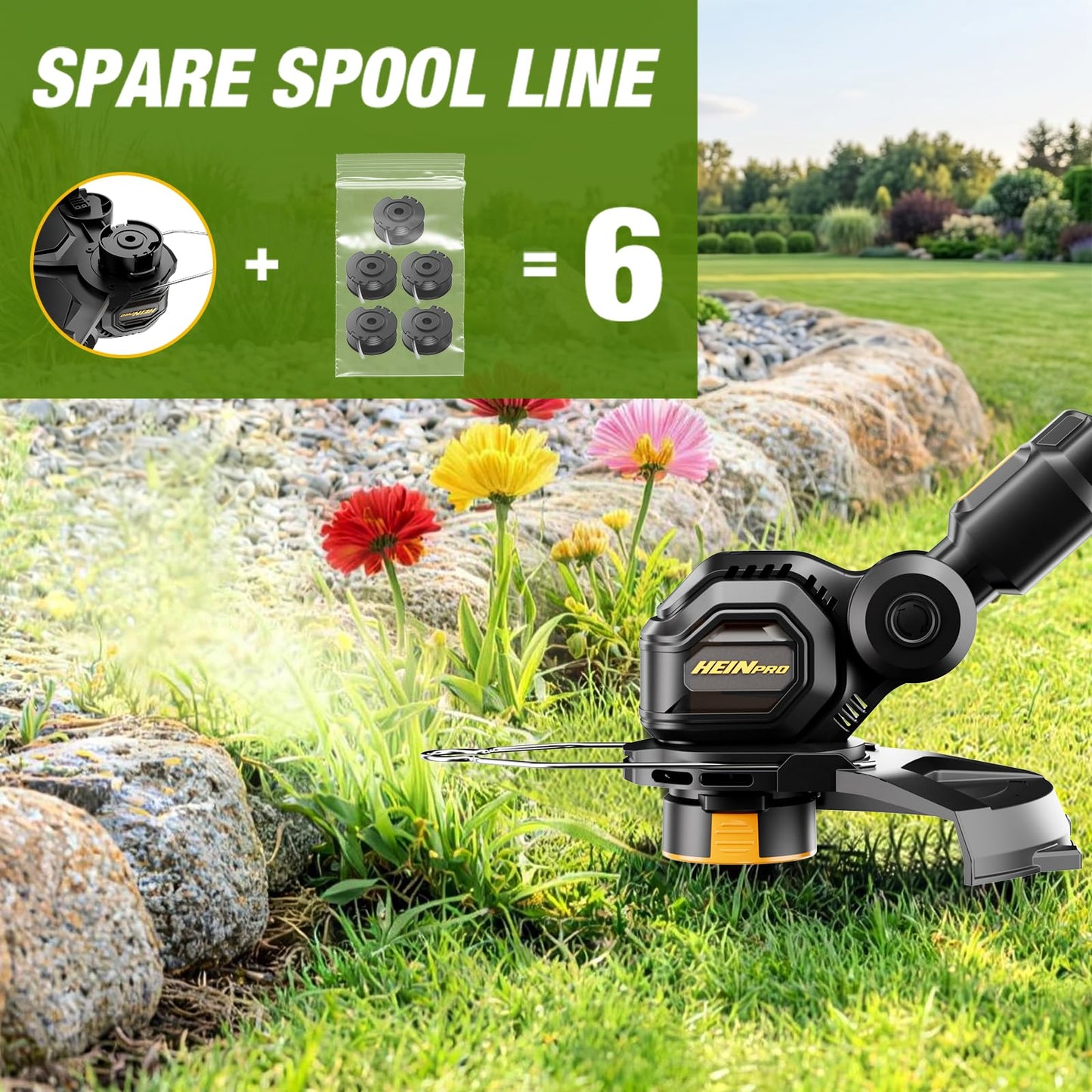 HEINPRO Cordless String Trimmer Compatible with Dewalt 20V MAX Battery, 12-Inch Electric Weed Wacker, Auto Line Feed, Weed Eater Battery Powered Grass Trimmer, w/ 6 Line Spools, Black(Tool Only)