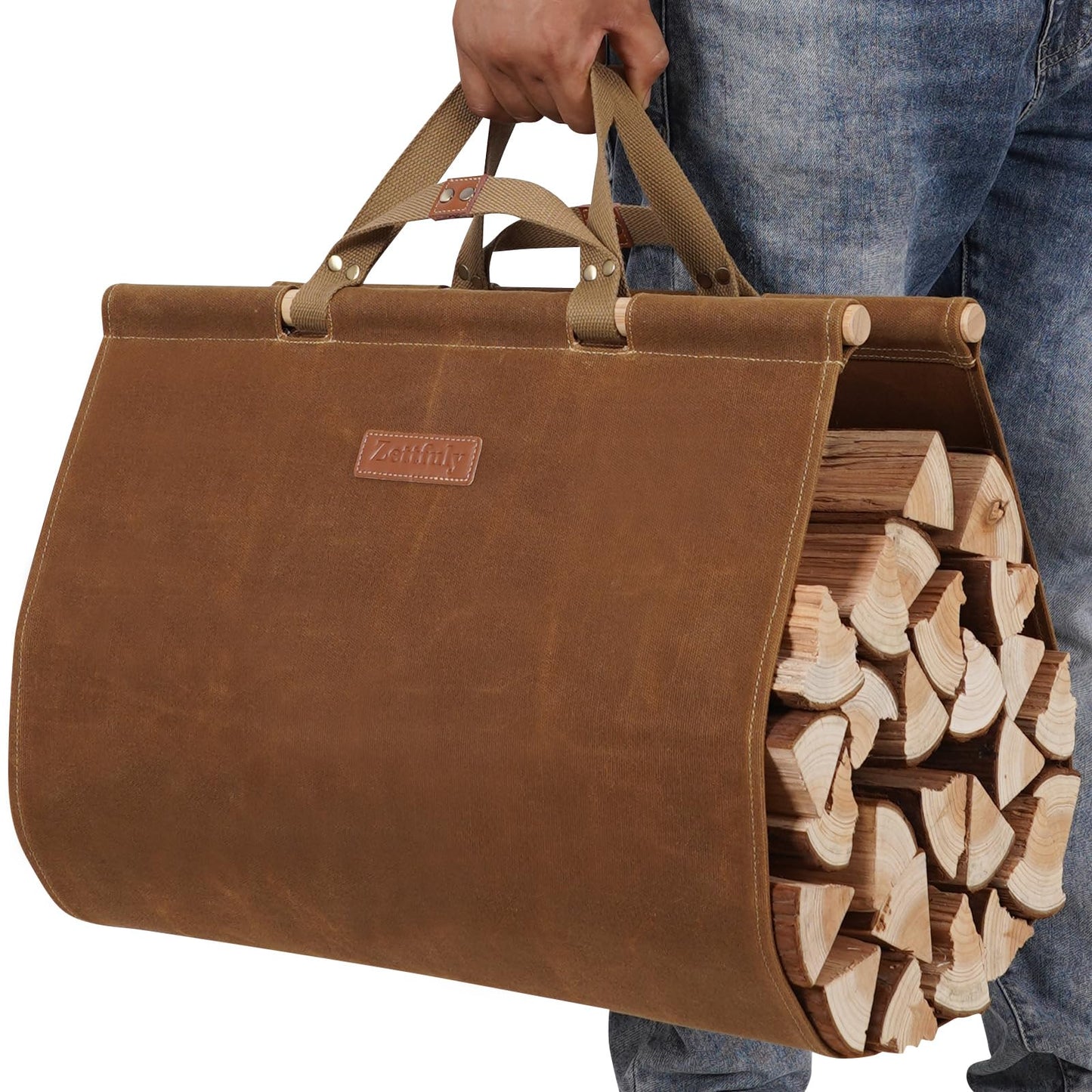 Zettfuly Firewood Carrier with Handles - Waxed Canvas Log Carrier for Firewood, Woods Carrier for Firewood Tote Bag 38x19in, Water Resistant Log Tote Wood Carrying Bag, Wood Stove Accessories, Rust