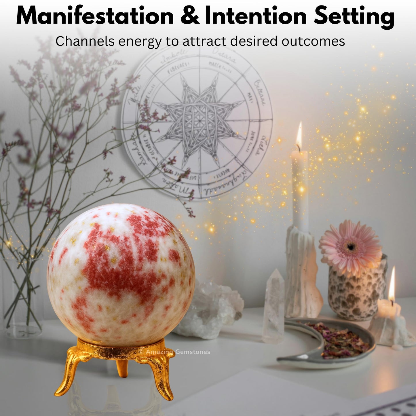 Amazing Gemstone Cinnabarite Crystal Ball with Stand - 2 Inches Crystal Sphere Meditation Balls for Witchcraft and Decorative Balls
