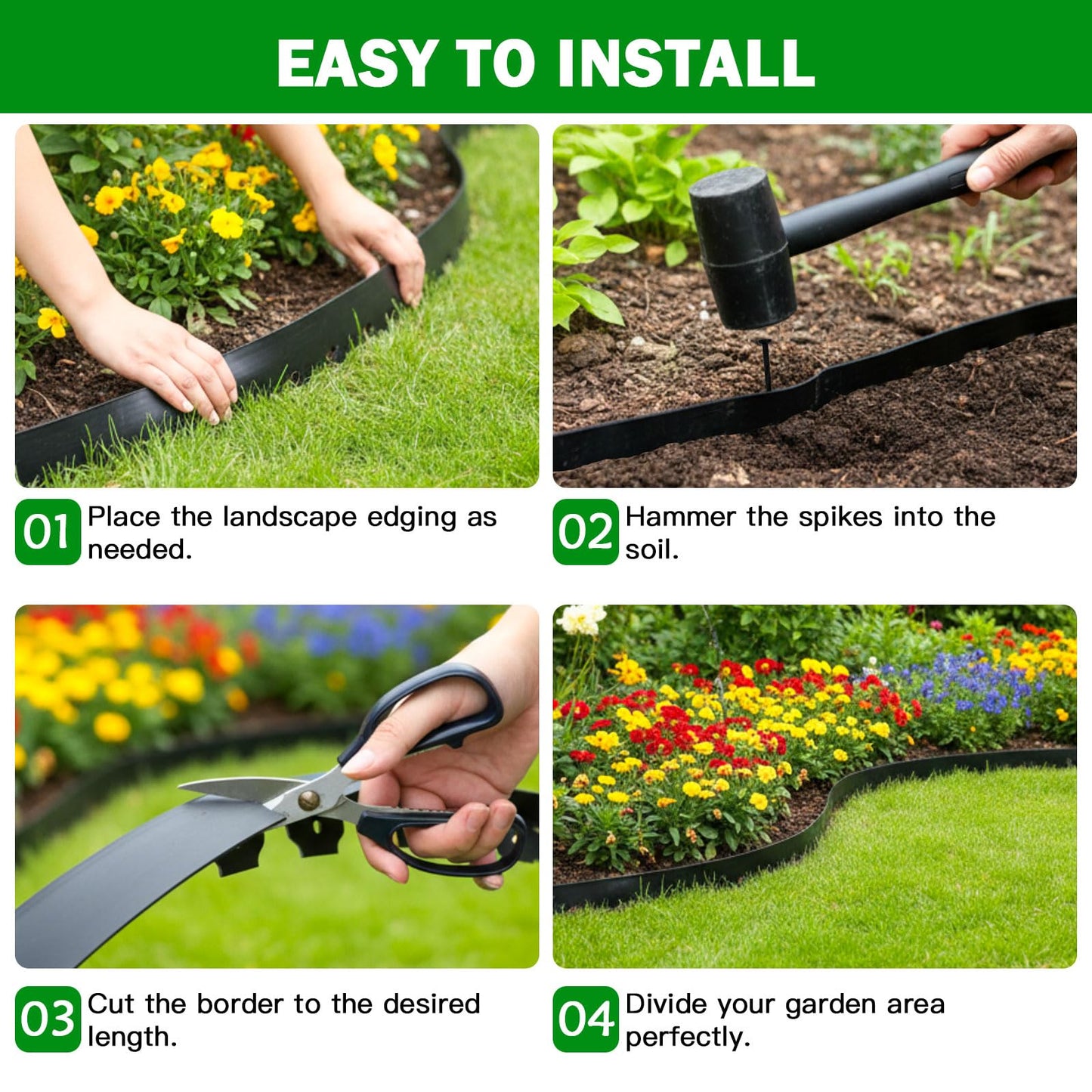 Tegarbed No Dig Landscape Edging Border 2-Inch x 40 FT, Heavy-Duty Plastic Garden Edging with 50 Spikes, Garden Edging for Flower Beds Pathway Paver Edging, Black