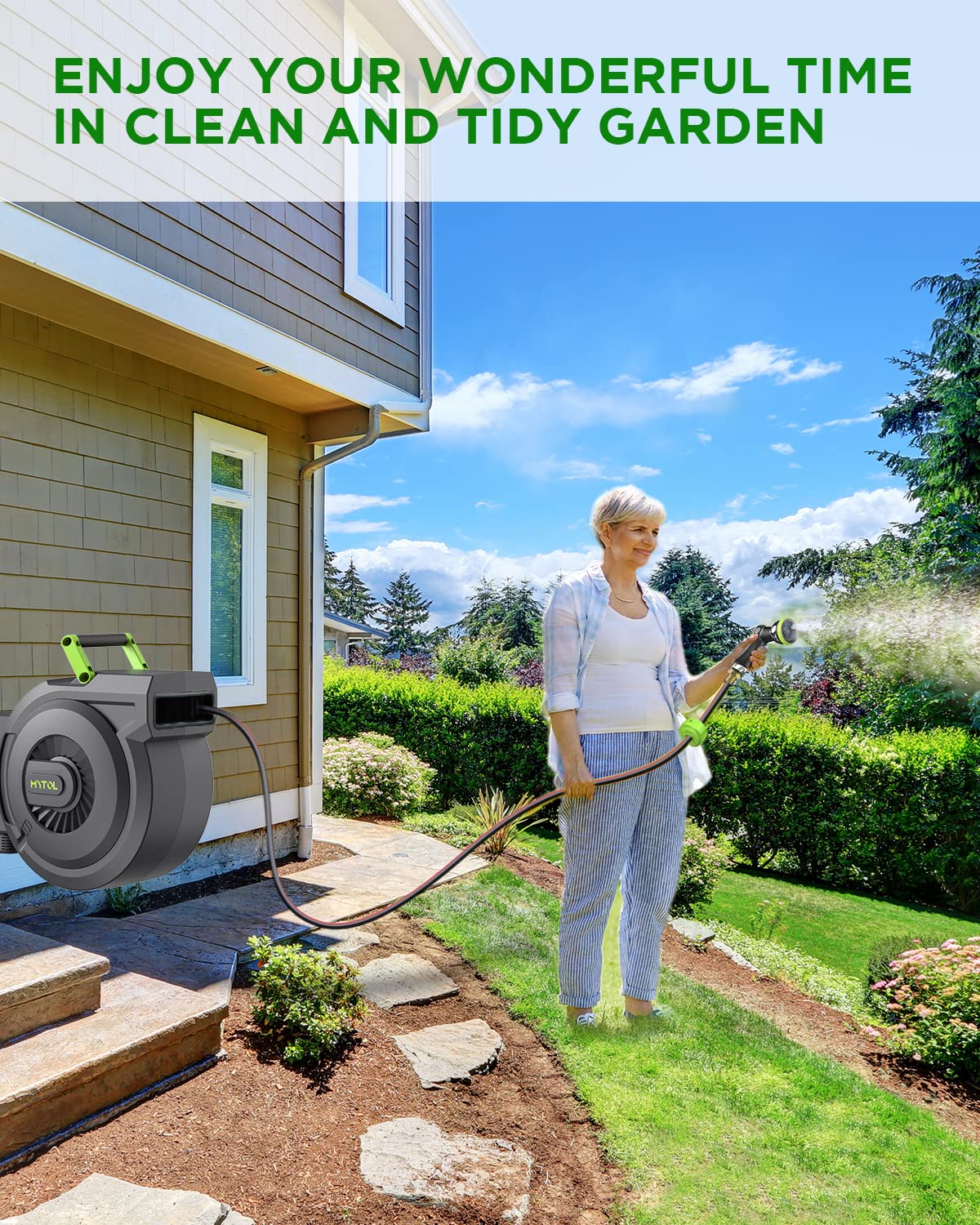 Retractable Garden Hose Reel, 5/8 Inch x 82 ft + 6 ft Wall Mounted Water Hose Reel with Auto Slow Rewind System, 10-Pattern Nozzle, Any Length Lock, 180ยฐ Swivel Bracket, Ideal for Easy Watering