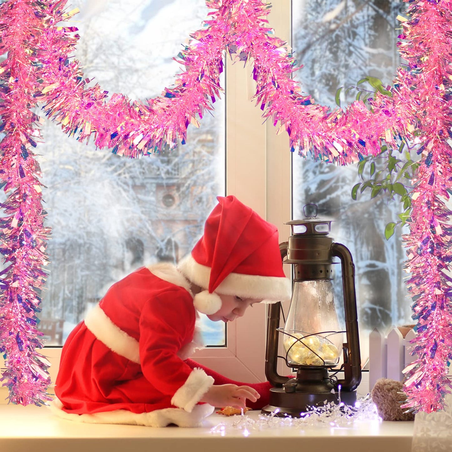 JXITON 20ft/6m Pink Christmas Tinsel Garland Iridescent Metallic Twisted Hanging Garland with Star for Chistmas Tree Fireplace Home Decoration