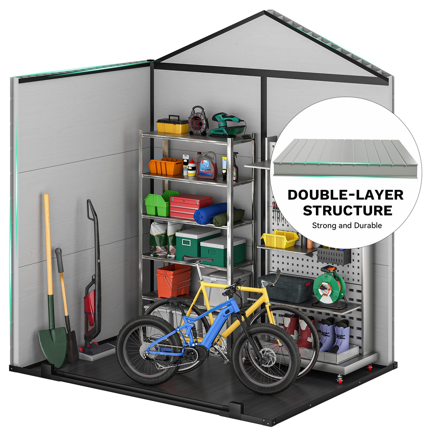 DWVO 6x4.4 FT Outdoor Storage Shed, Plastic Garden Tool Shed with 2 Windows, Double-Wall Outside Shed for Lawn Mower, Garden Tool for Backyard, Patio, Lawn, Lockable, Grey & Black