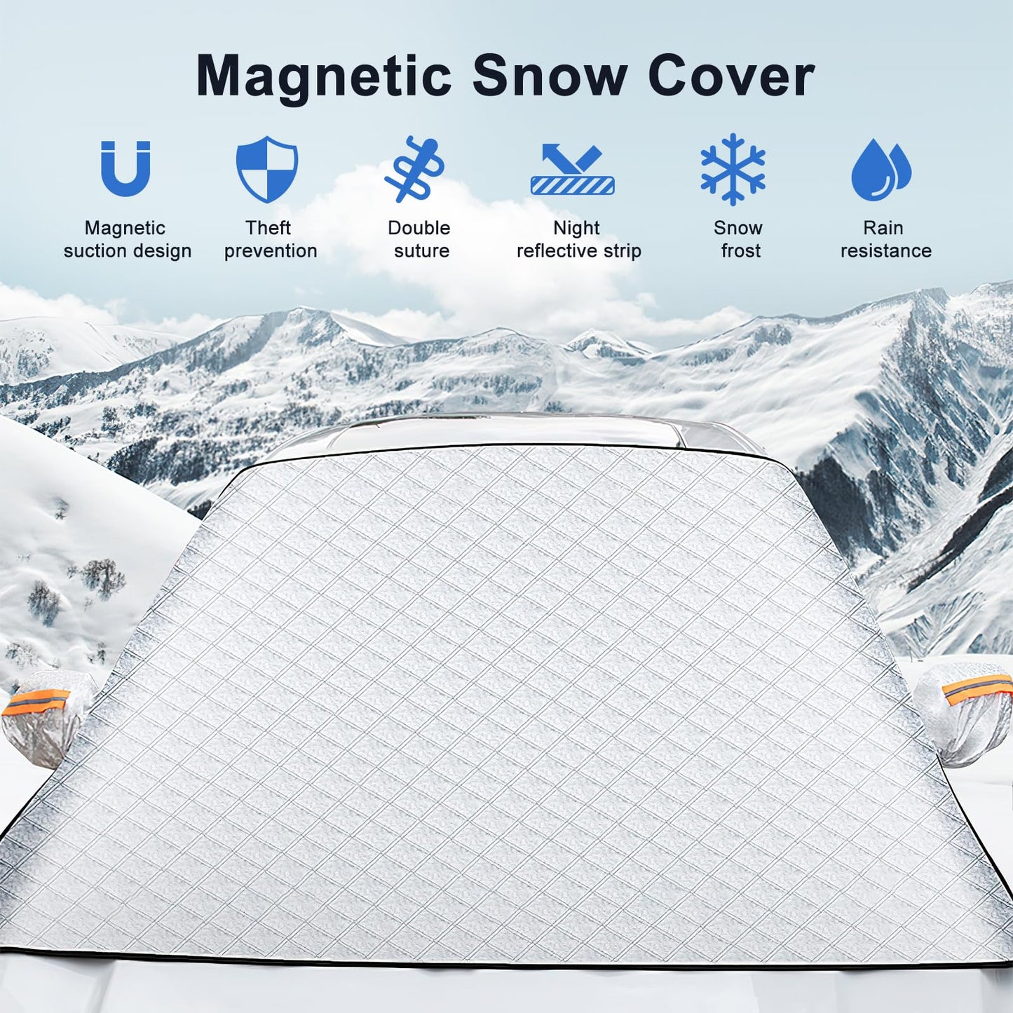 ICWEIMEI Car Windshield Snow Cover, 4-Layer Protection for Snow, Ice, Frost, Sunlight, Large Magnetic Car Windshield Cover with Side Mirror Protector Fit for Large Cars, SUV, Truck, Van in All Weather