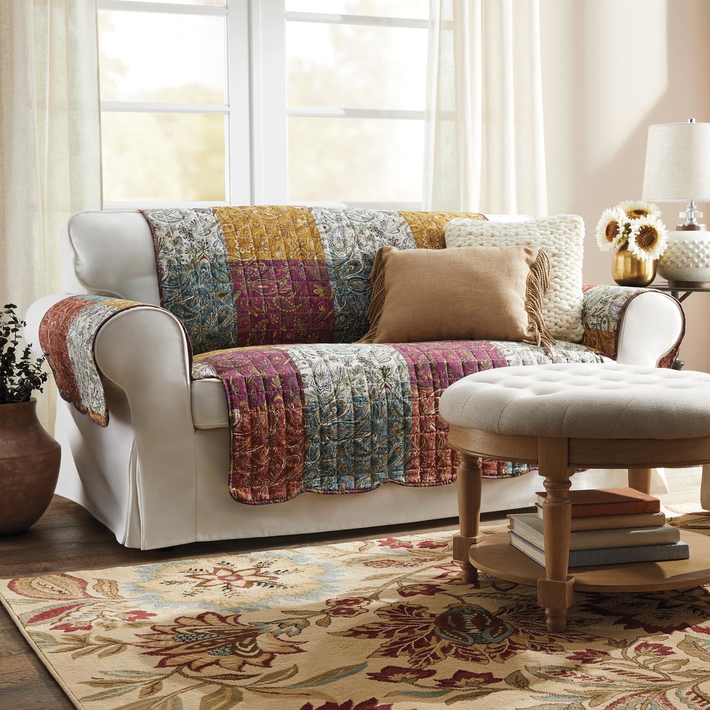 Montgomery Ward Your Choice Furniture Protector - Autumn Floral, Loveseat Cover, Quilted Pattern, Patchwork Print, Loveseat, 103" w x 73" l