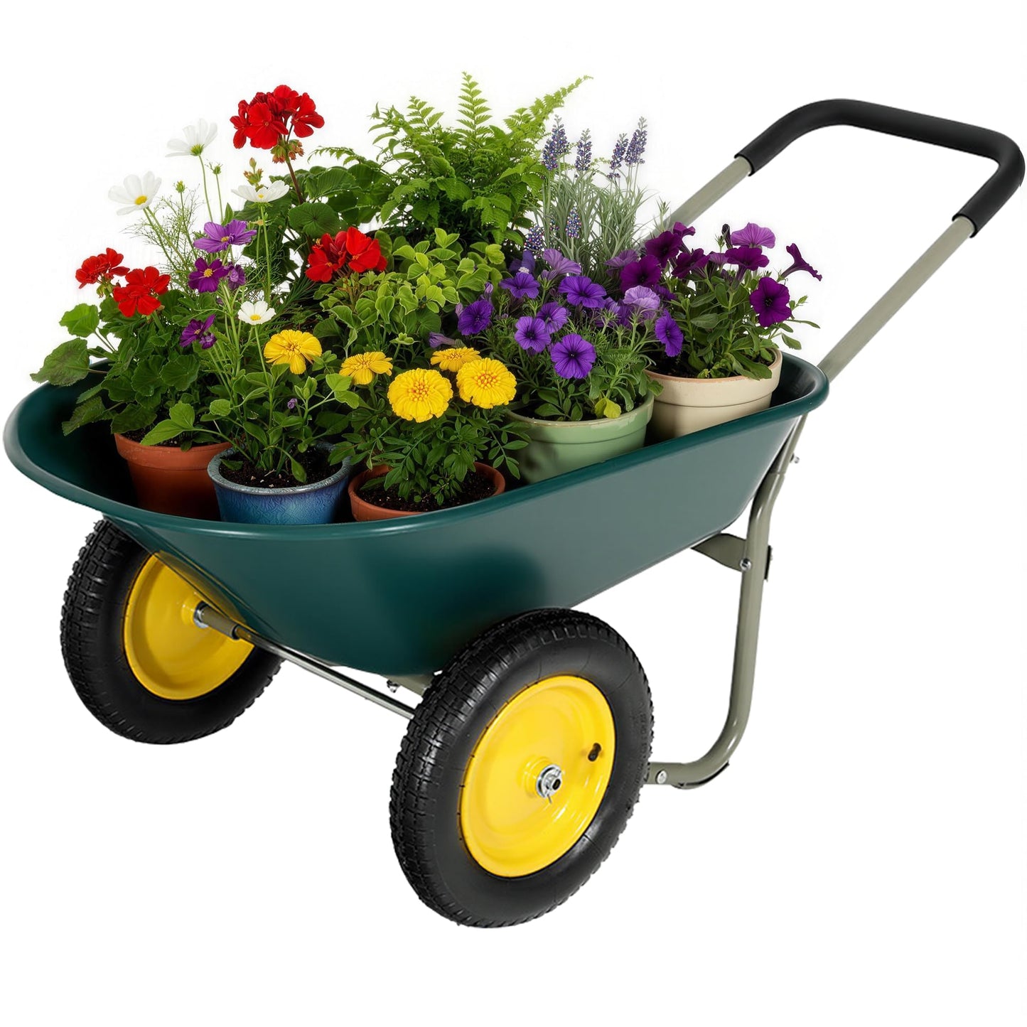 Ultym 2 Wheel Wheelbarrow, Dual-Wheel Garden Dump Cart with 13" Non-Slip Pneumatic Tires & Ergonomic Padded Handle, Heavy-Duty Home Utility Yard Cart Wagon with 4.5 Cu Ft Capacity for Lawn, Gardening