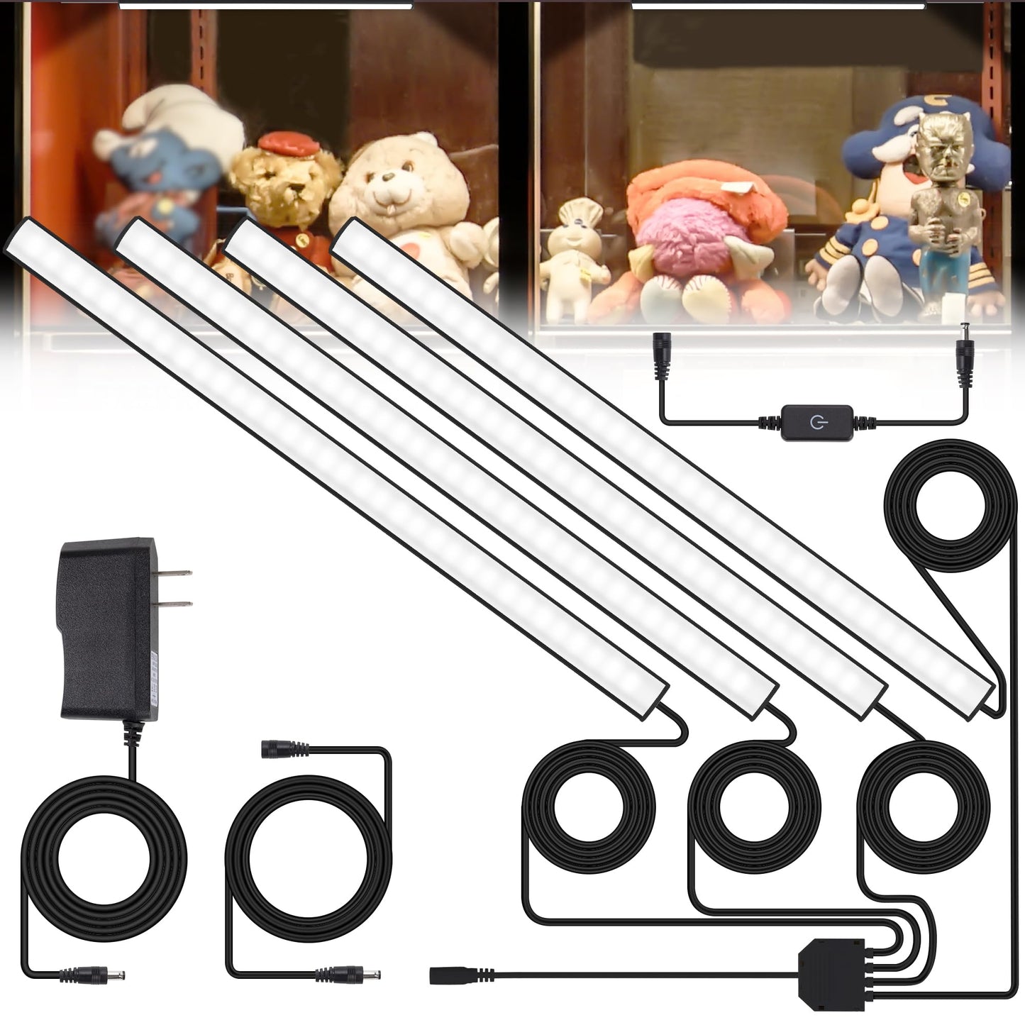Black Shell Display Cabinet Lights, Under Shelf Lighting with Memory Function, 2 Sets of 4x12 Inch Plug-in Bookshelf Lighting, LED Cabinet Lights for Display Case/Pantry/Closet/Safe, Cold White 6000K