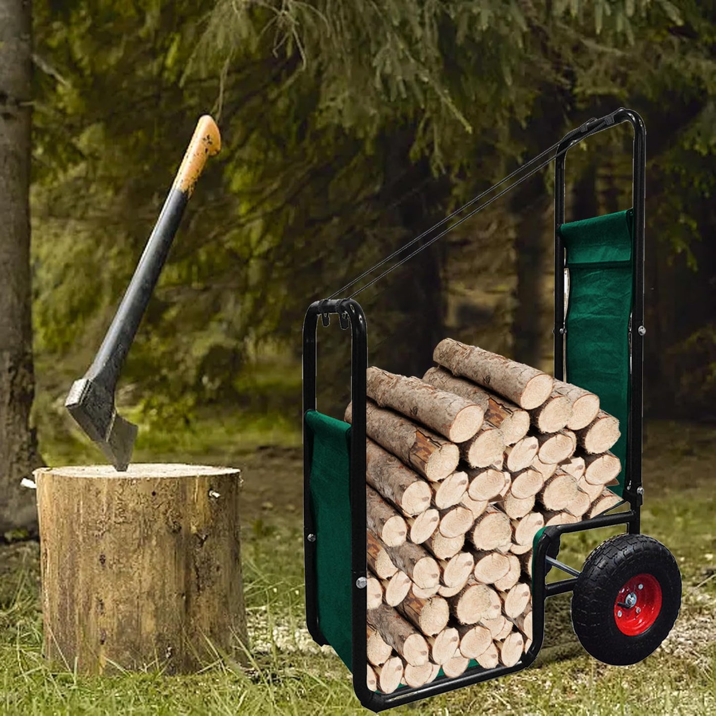 HIGOOD Firewood Cart with Wheels: 260 lbs Capacity Log Dolly Carrier with Pneumatic Wheels & Fabric Liner - Easy Roll Wood Mover for Farm, Indoor & Outdoor Use - Heavy Duty Steel Construction