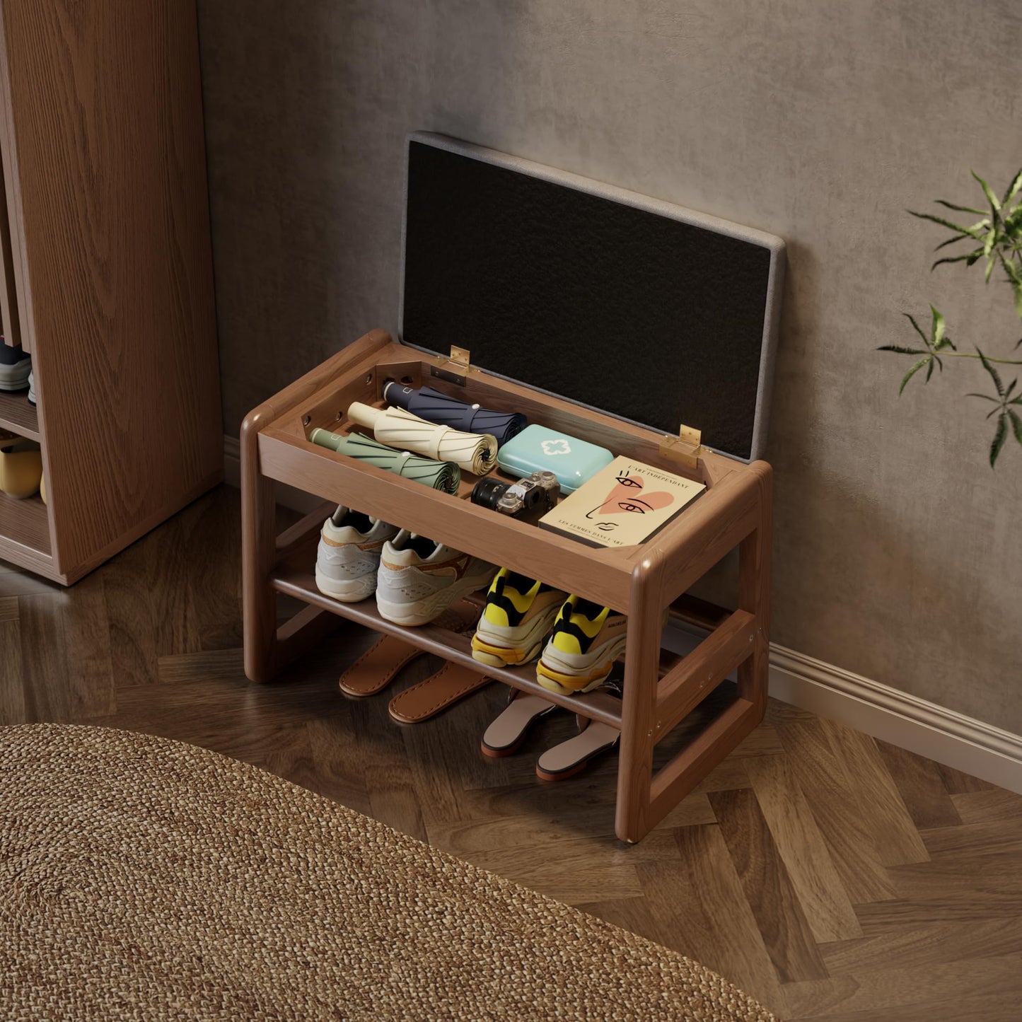 AQIMUELE Shoe Rack Bench,2 Tiers Shoe Bench with Storage with Flip-Top,Wood Shoe Rack for Entryway,Hallway(Walnut Upholstered Seat,11.8" D x 23.62" W x 15.7" H)