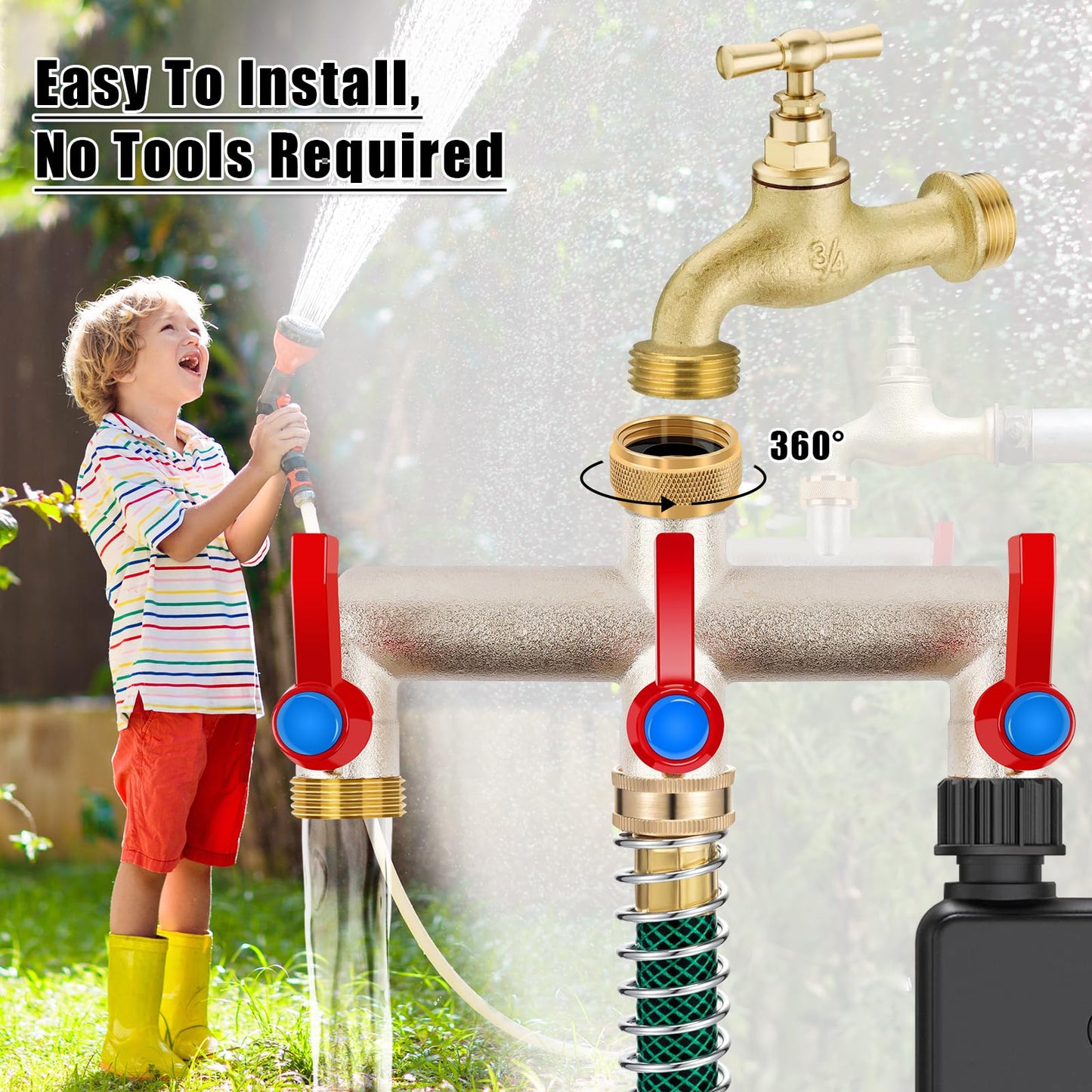 3 Way Brass Garden Hose Splitter, 3/4" Hose Splitter 3 Way Heavy Duty with Extension Handles, Outdoor Faucet Splitter Water Spigot Splitter with Individual On/Off Valve