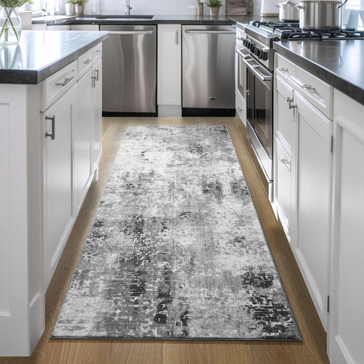 Ompaa 2x6 Rug Runners for Hallways Kitchen Runner Rug Non Slip Washable Grey Long Runner Rugs with Rubber Backing Soft Abstract Carpet Runner for Hallways, Kitchen, Bedroom, Bathroom, Entryway