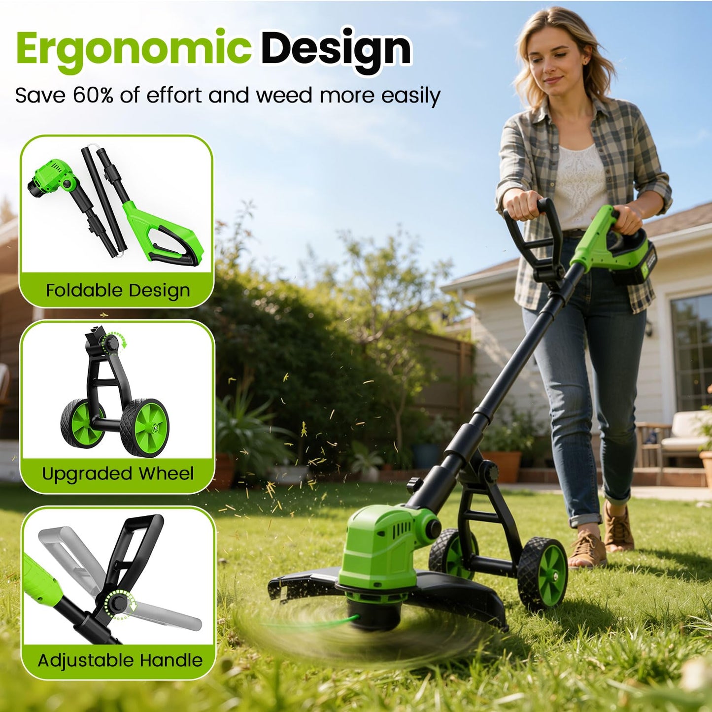 14" Electric String Trimmer Cordless Battery Powered Weed Eater with Wheel, 3-in-1 Cordless Grass Trimmer/Electric Weed Wacker/Edger, Weed Trimmer with 8 Replacement Spools for Garden, Lawn (Green)