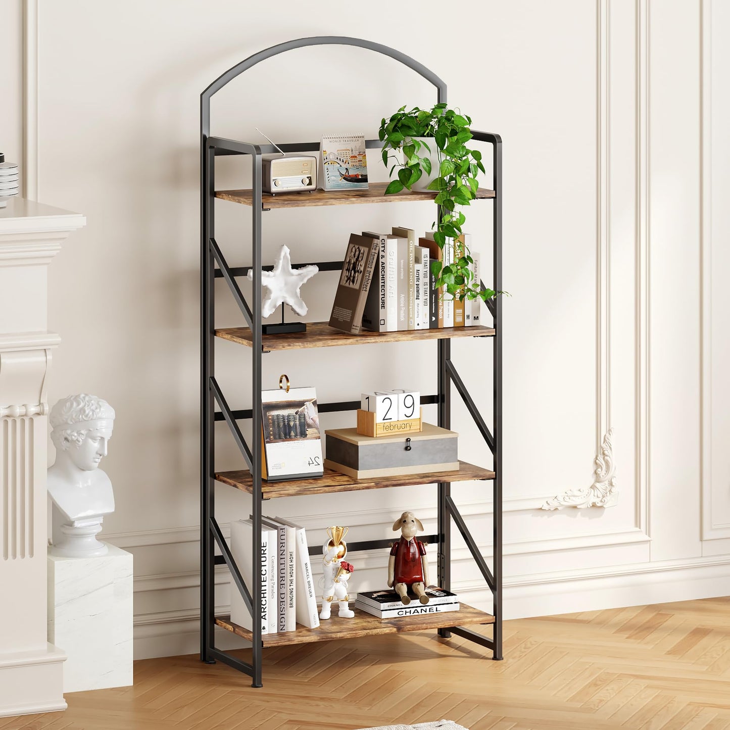 BHG Arched Bookshelf 4 Tier Shelf Storage Organizer Bookcase,No Assembly Folding Book Shelf for Living Room,Bedroom Home Office Rack Bookhelves