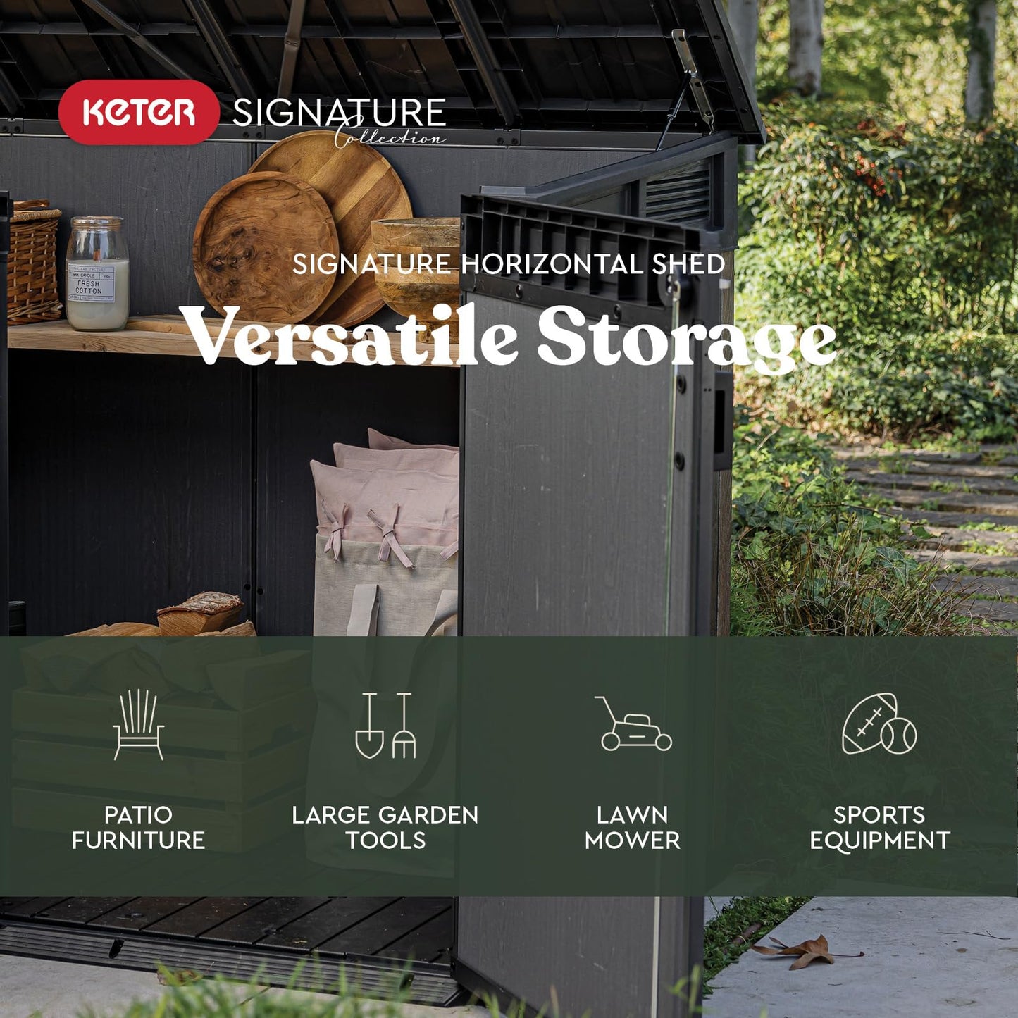 Keter Signature Collection All Weather Outdoor Storage Shed – Durable Resin Garden Shed with Built‑in Ventilation, & Lockable Double Doors – Walnut Finish