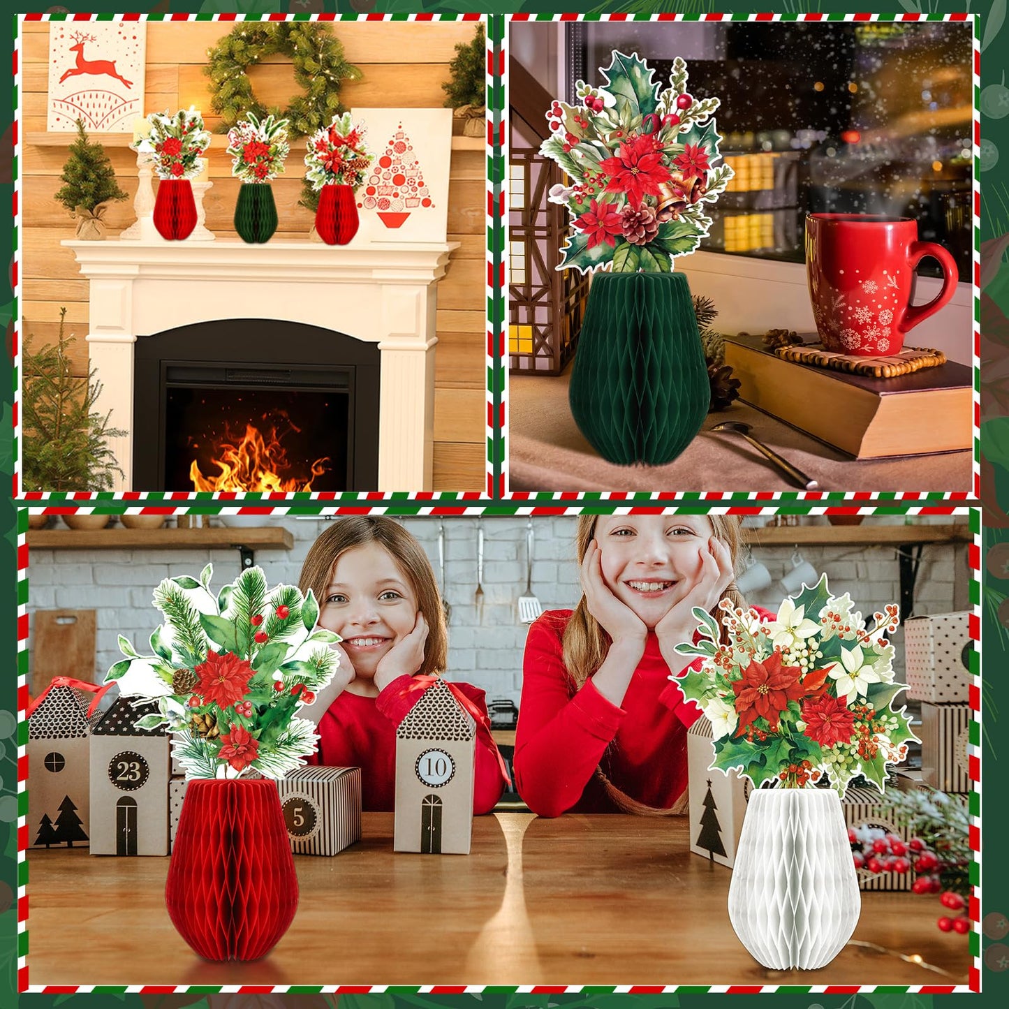 AmazingSpark 9 Pcs Christmas Poinsettia Flower Table Centerpiece Christmas Paper Poinsettia Honeycomb Decoration Holiday Red Flower Honeycomb Centerpiece for Birthday Party Ornaments