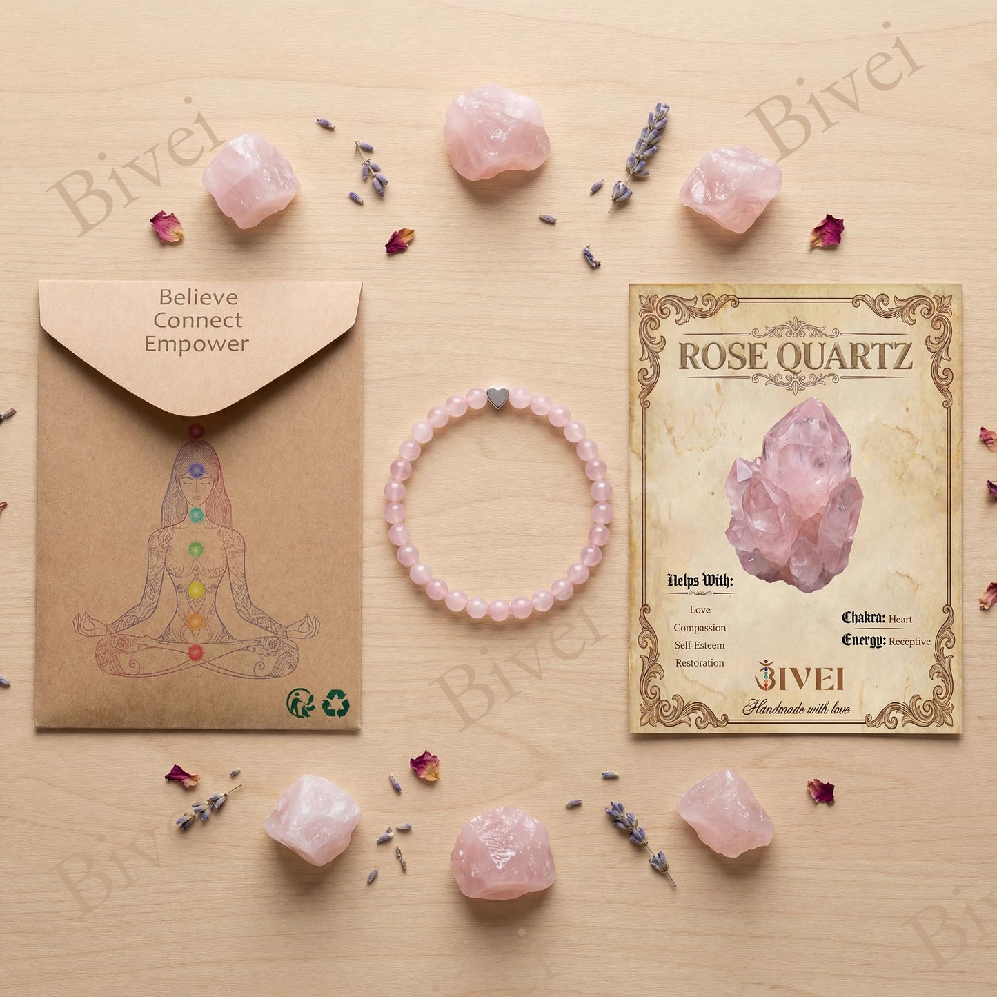 Bivei 6mm Rose Quartz Crystal Stretch Bracelets for Women, Handmade Natural Stone Beaded Bracelet, Yoga Protection Jewelry Gift