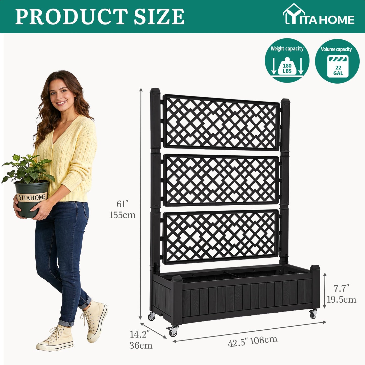 YITAHOME 42.5x14.2x61 in Planter Box with Trellis/Outdoor Privacy Screen, All-Weather Raised Garden Bed with Wheels & Drain Plug for Climbing Plants Flowers Herbs, Black
