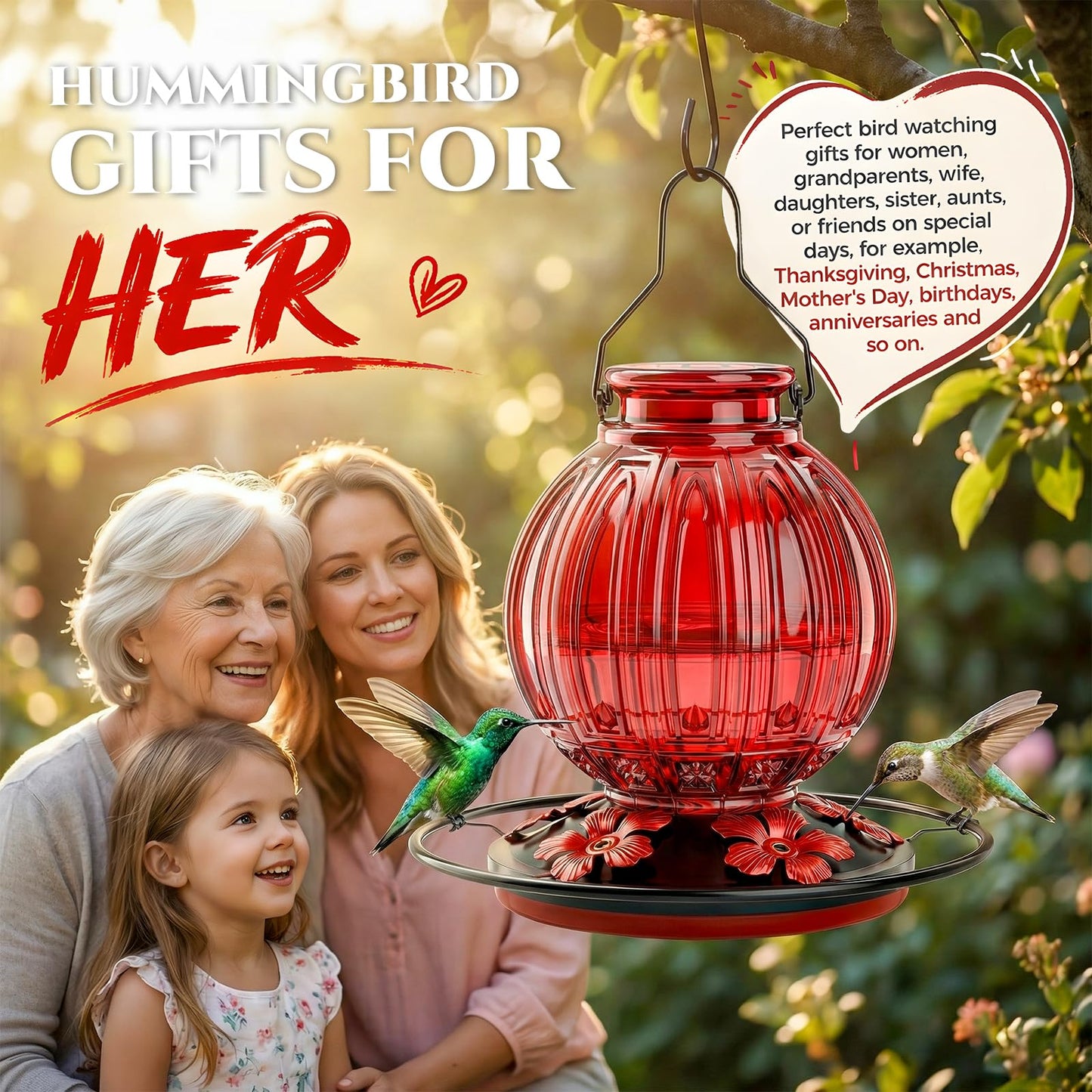 Glass Hummingbird Feeder for Outdoors Hanging, 24Oz Bird Nectar Feeder with Perch & 5 Flower Feeding Ports, Leak Proof for Outside Garden Decor Backyard, Gifts for Women Mom, Red