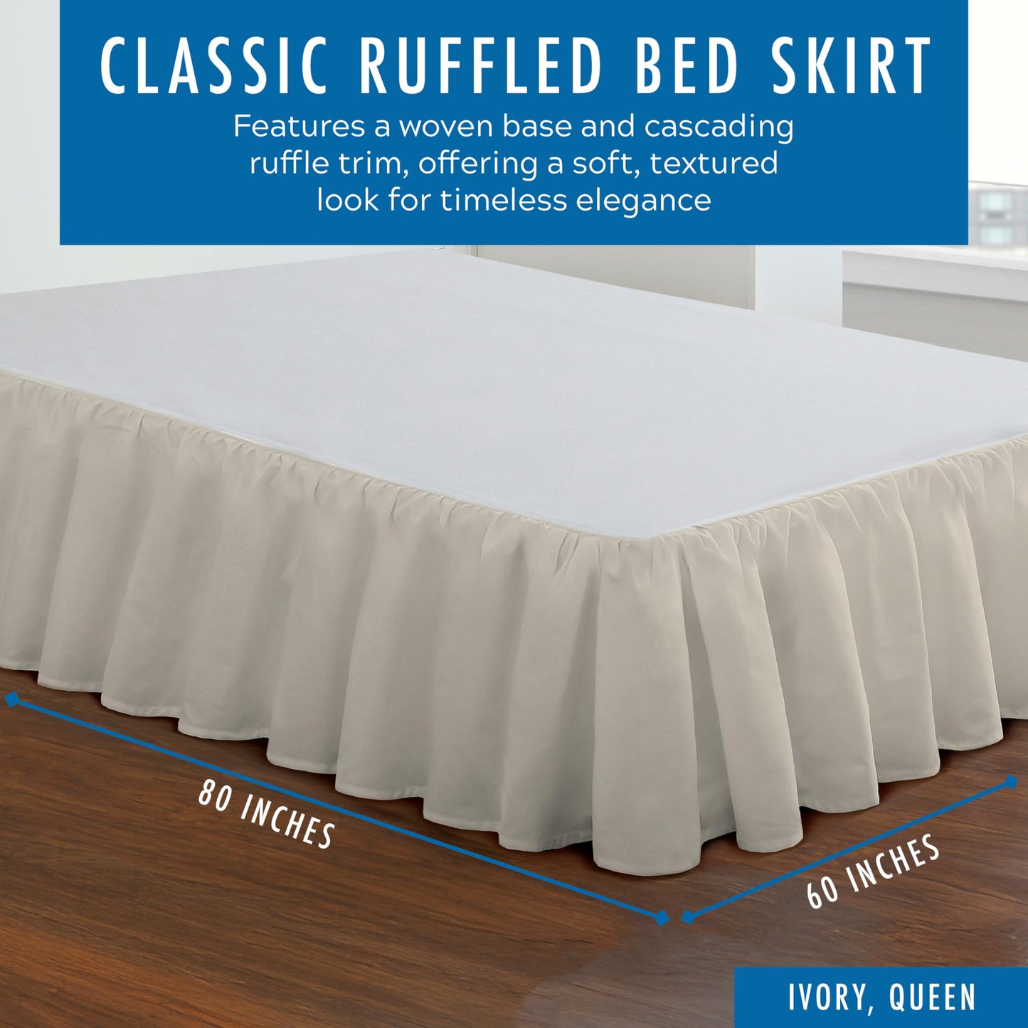 FRESH IDEAS Bedding Ruffled Bedskirt, Classic 14” Drop Length, Gathered Styling, Queen, Ivory (FRE30114IVOR03)