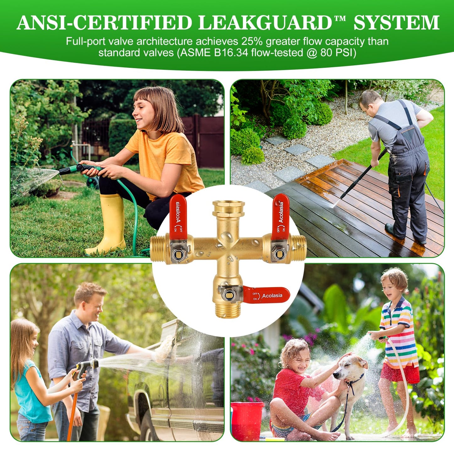 Hose Splitter 3 Way Heavy Duty Brass Garden Hose Splitter with 304 Stainless Steel Long Handle Outdoor Full Flow Hose Splitter Connector, 3/4" GHT Thread