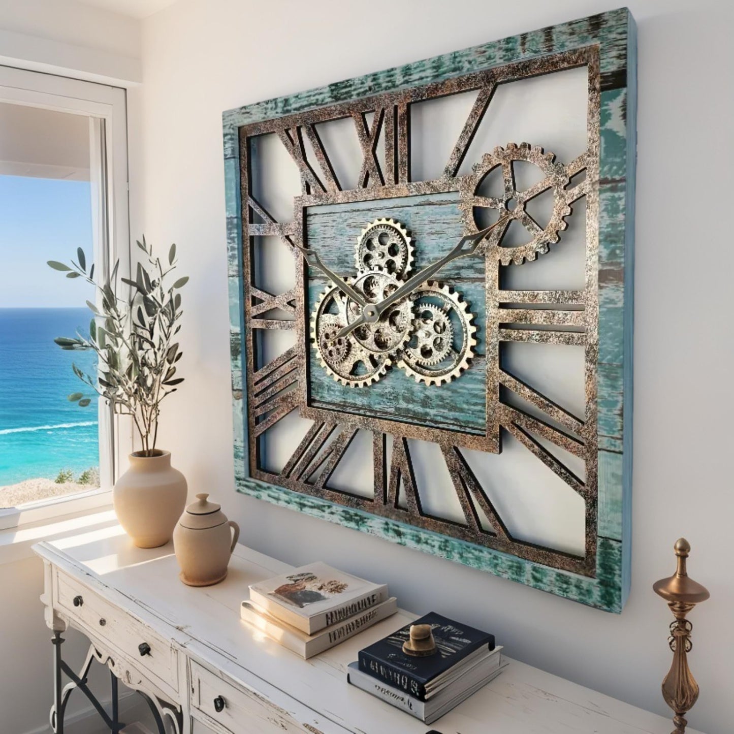 ImprovingLife The Gears Clock 24'' Inch Square Real Moving Gear Wall Clock Vintage Industrial Oversized Rustic Farmhouse (Aqua Green)
