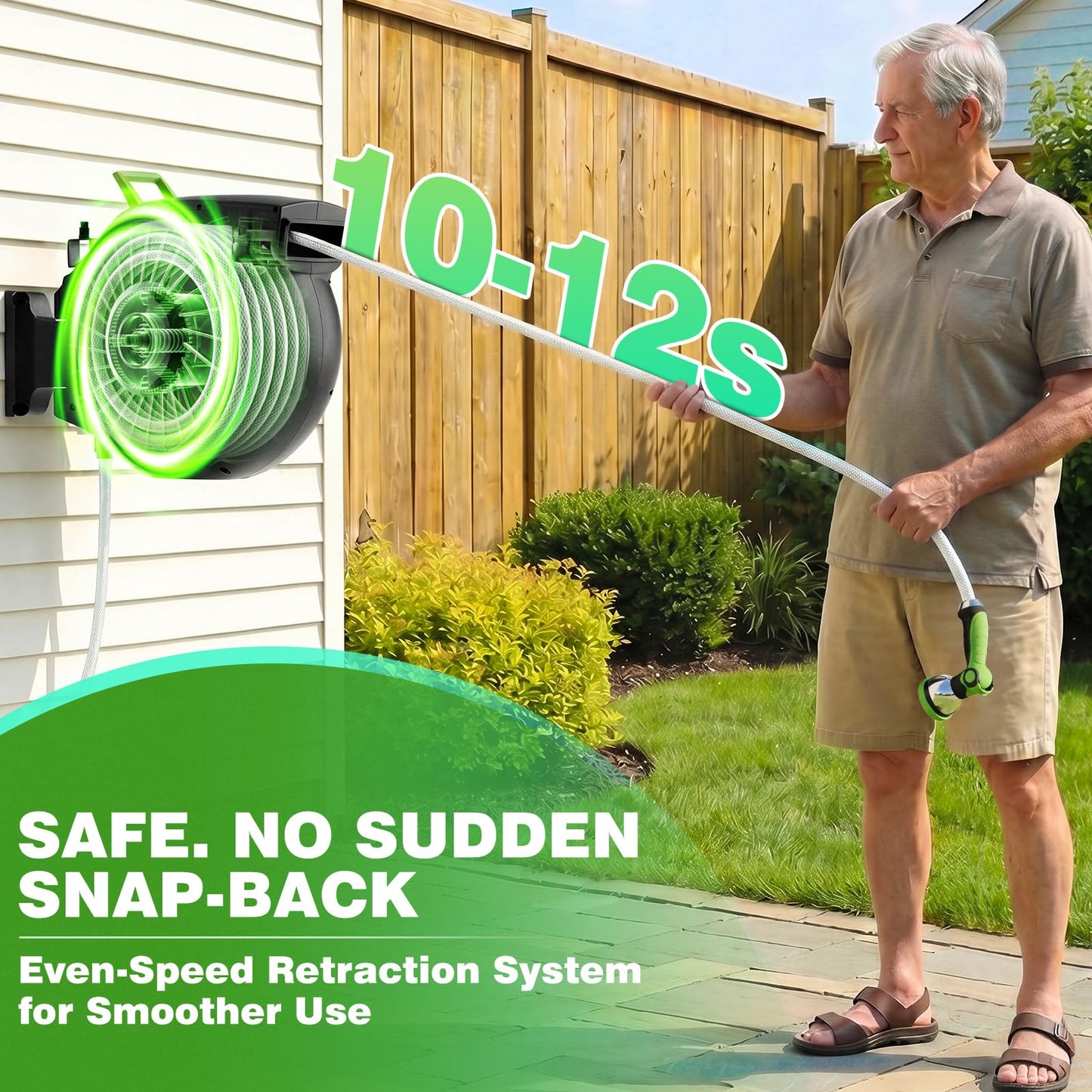 Retractable Garden Hose Reel 100FT x 1/2 in, Wall Mount Water Hose Reel for Outside with Auto Rewind, Tangle-Free Guide, 180ยฐ Swivel Bracket, Lock at Any Length, High-Pressure Flow, 10-Pattern Nozzle