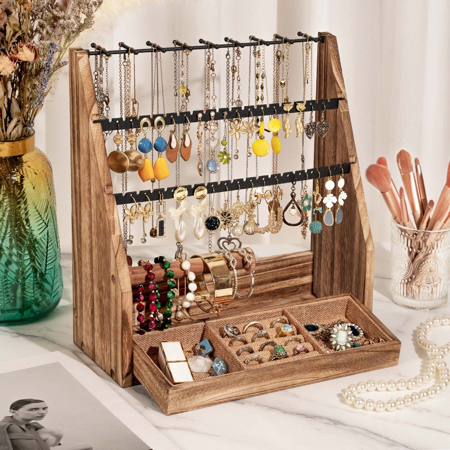 DGWJSU Jewelry Organizer Stand, 5 Layer Earring Holder Organizer with Necklace Holder, Rustic Wood Earring Organizer Display for Stud Earring Bracelet Necklace Ring, Watches