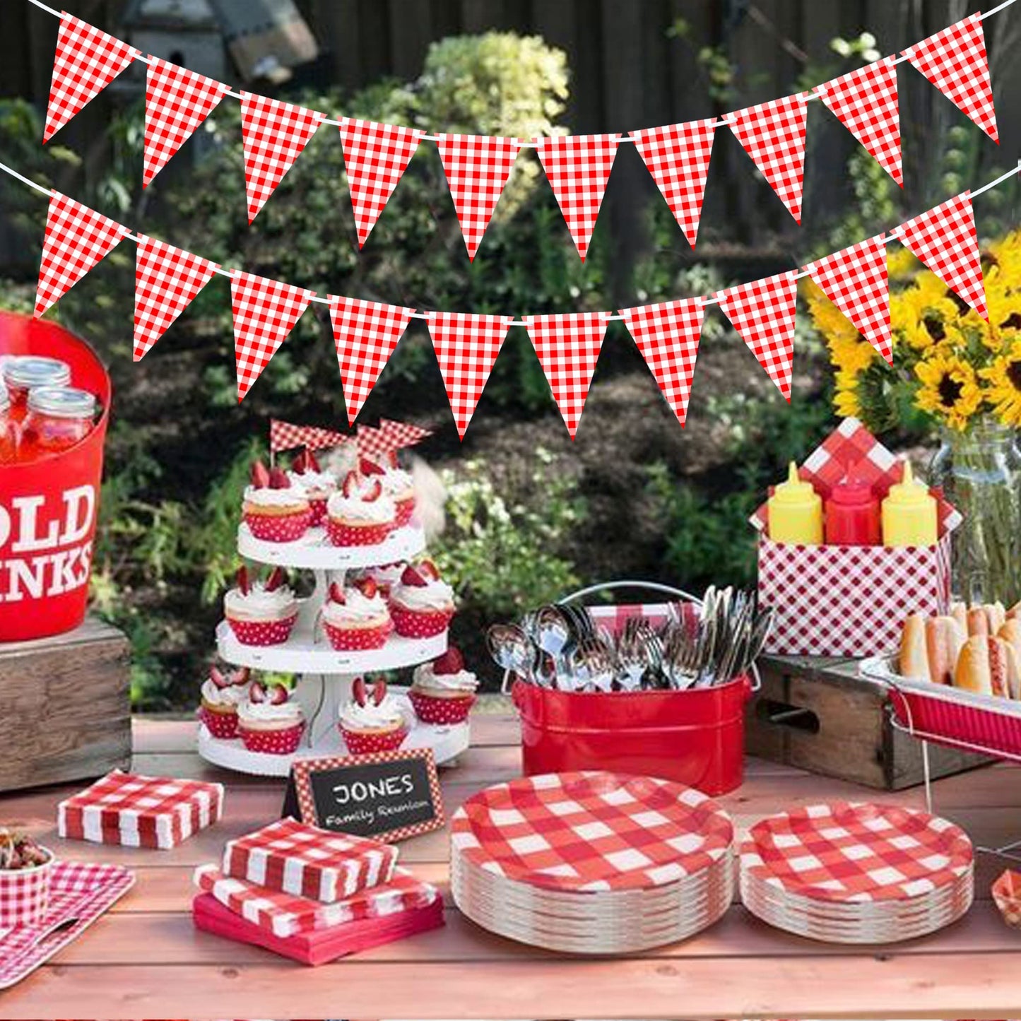 VILIFEVER 2 Pieces Red and White Checkered Banner, Double Sided Red Gingham Pennant Banner for BBQ Picnic Theme Baby Shower Birthday Party Decorations Supplies
