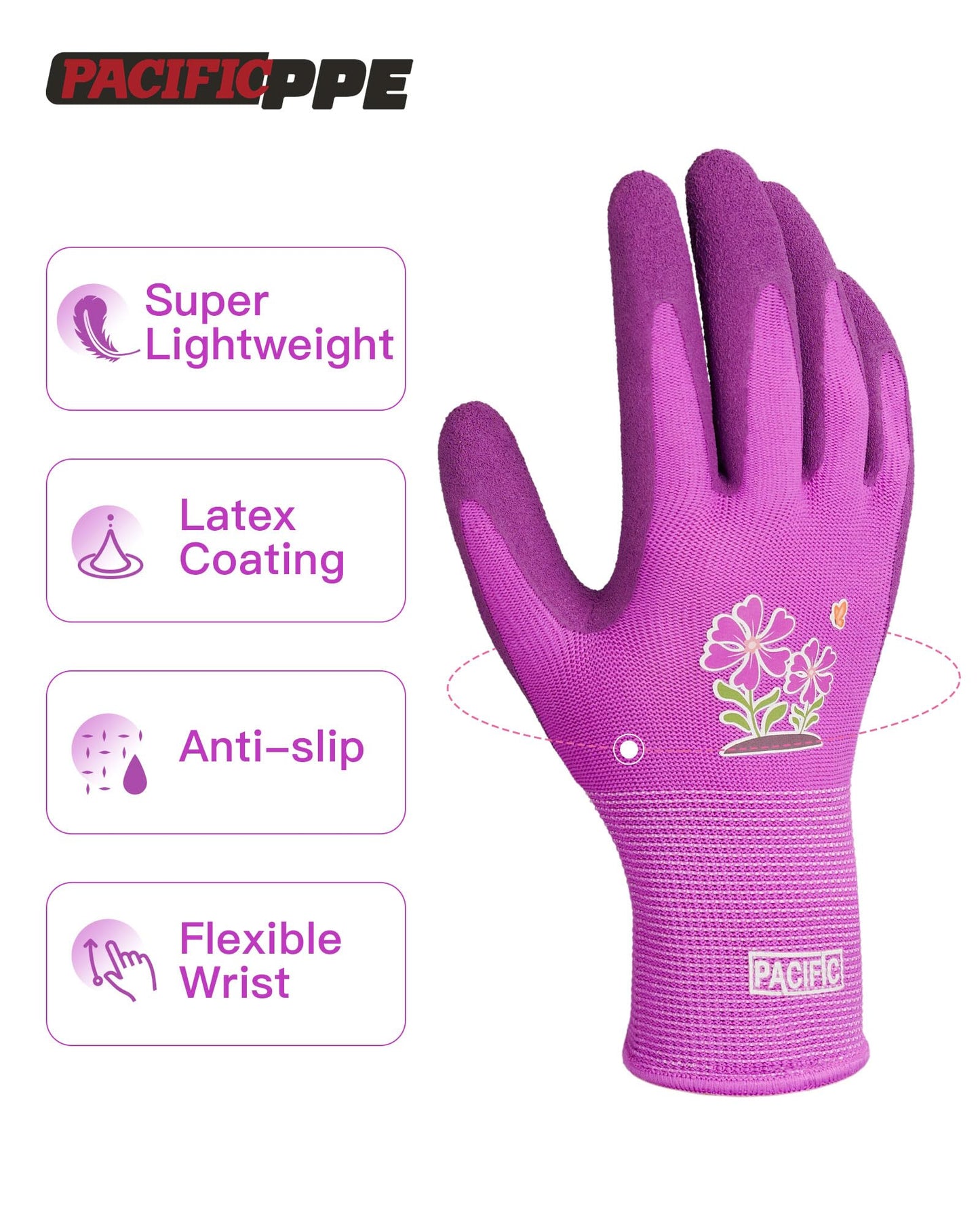 PACIFIC PPE 3 Pairs Gardening Gloves for women, Rubber Coated Garden Gloves, Ladies Yard Work Gloves, Breathable, Purple, Medium