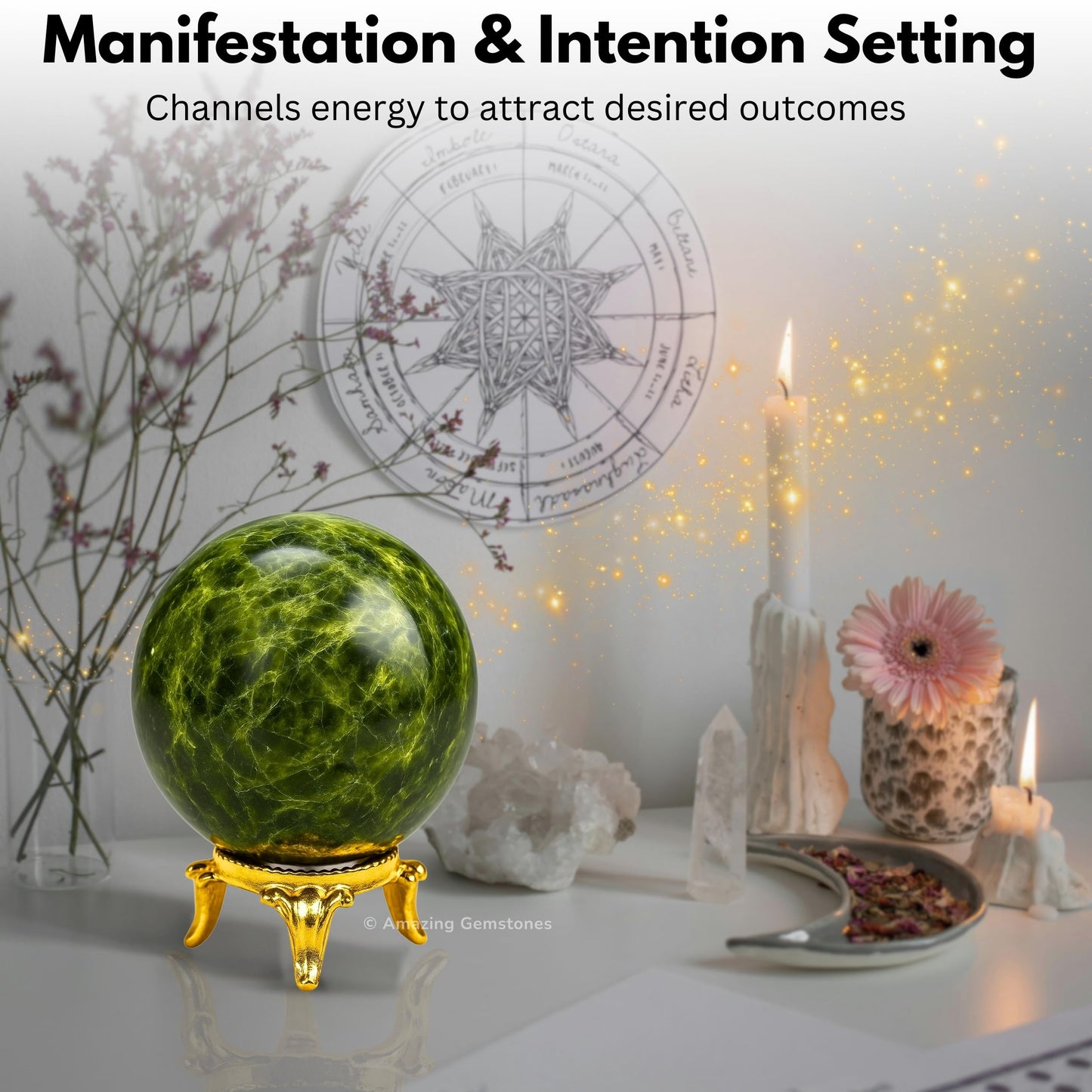 Amazing Gemstone Green Tourmaline in Matrix Crystal Ball with Stand - 2 Inches Crystal Sphere Meditation Balls for Witchcraft and Decorative Balls