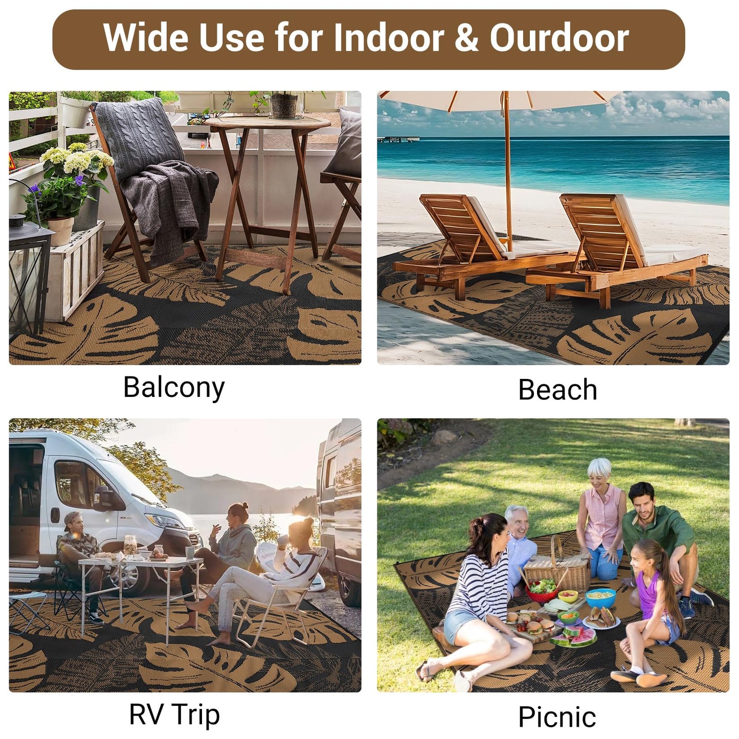 GAOMON Outdoor Rugs 8x10 Waterproof Reversible Plastic Straw Rug Modern Patio Rug, Foldable Lightweight RV Camping Mat with Portable Bag & 4 Stakes, UV Resistant & Sturdy for Picnic, Brown
