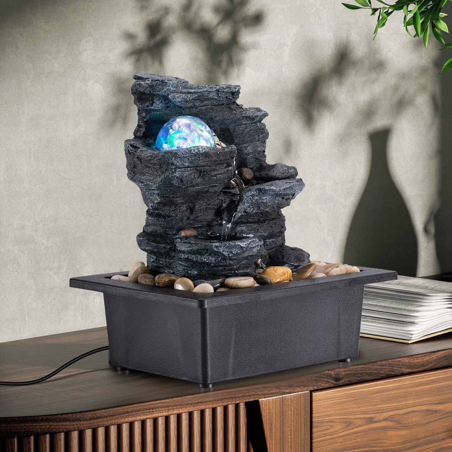 Amootek Tabletop Fountain Rotating Ball Rock Waterfall Fountain Office Includes Many Natural River Rocks Decorated with Colorful Lights, 9.05" L x 6.89" W x 10.23" H