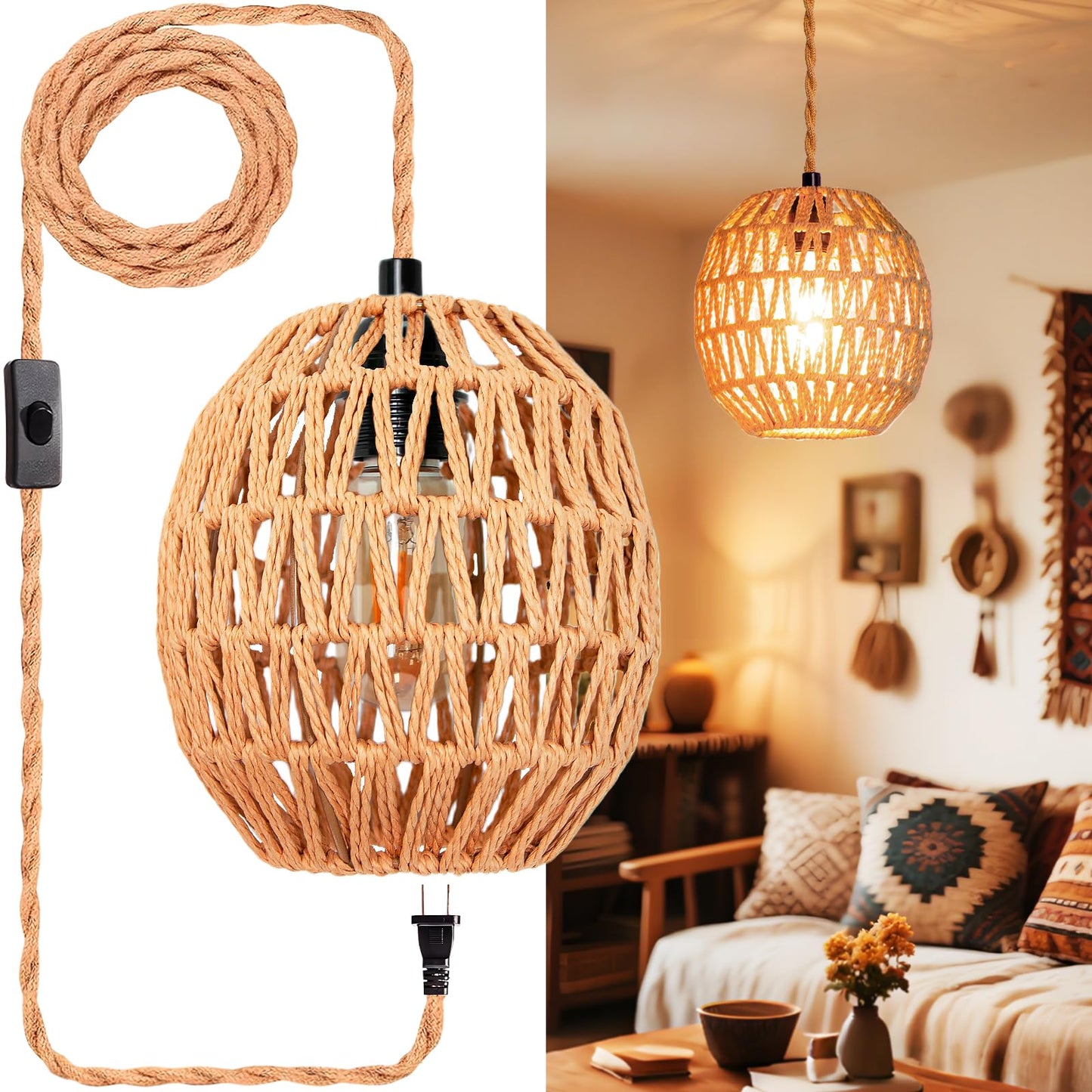 Maliralt Hanging Lamps Rattan Pendant Light Hanging Lights 16.4ft Plug in Cord Pendant Light Fixture Plug Into Wall Outlet Pendant Lighting with On Off Switch for Bedroom Living (Egg Shade)