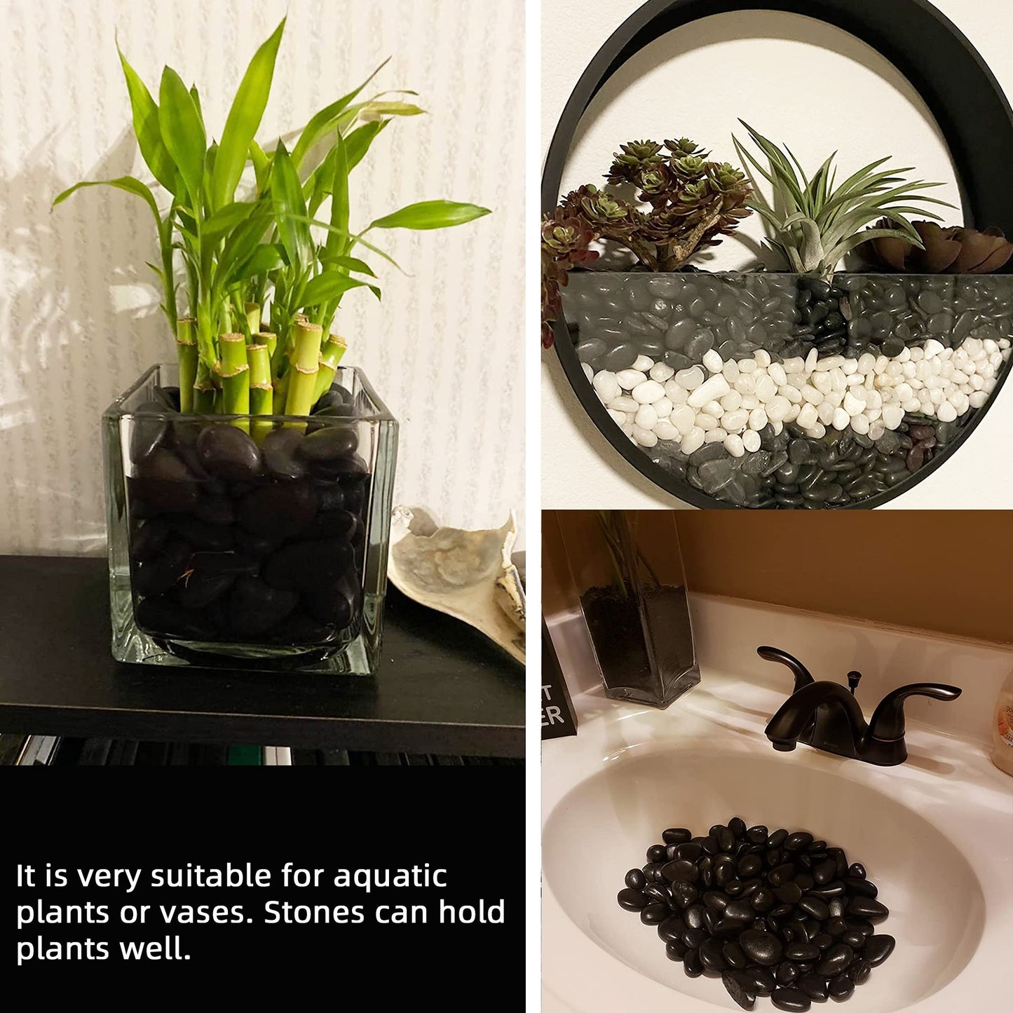 18 lb Natural Polished Black River Rock for Plants, 1/2" Black Pebbles for Aquarium, Vase, Garden Landscape Rocks and Outdoor Decorative Stones