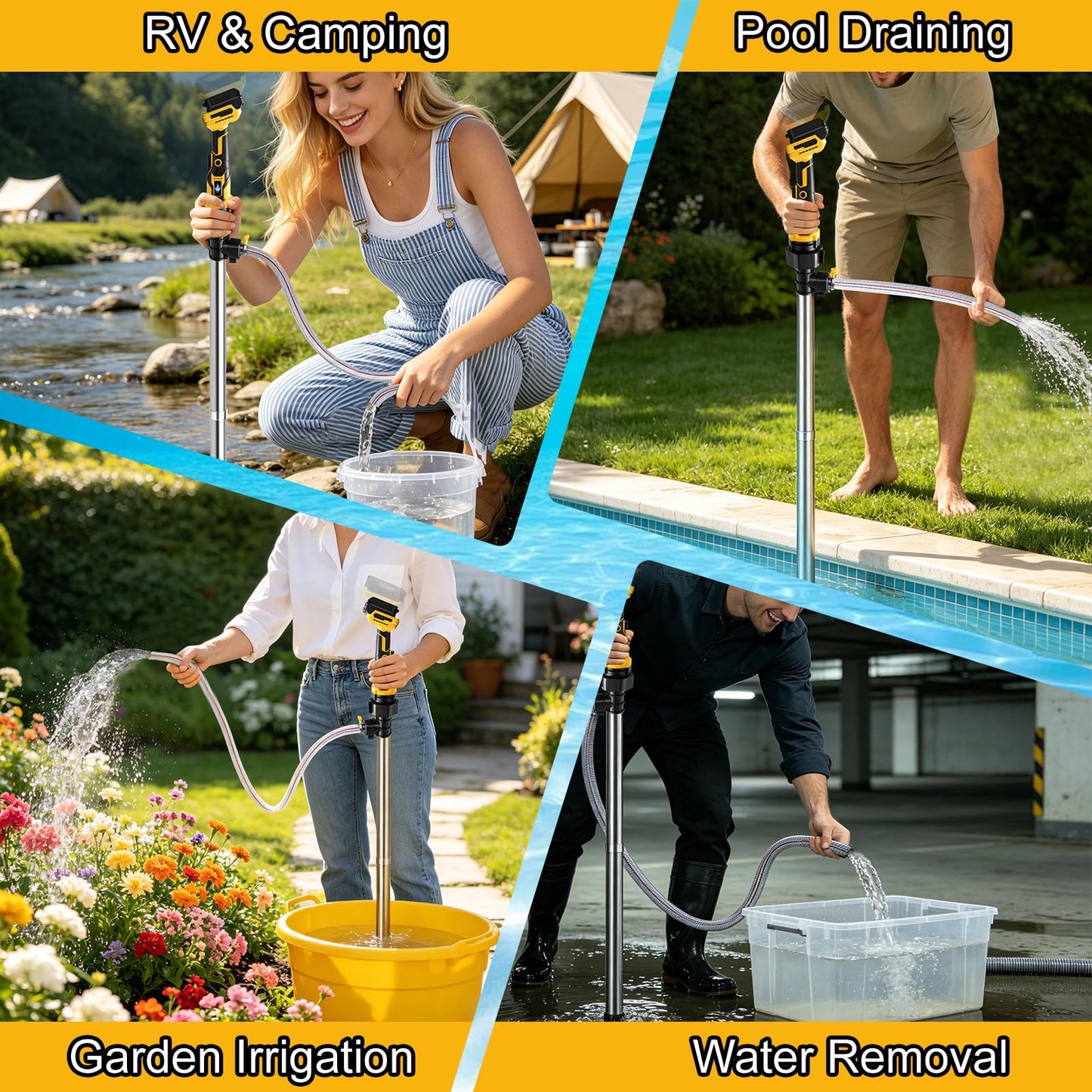 Gpaentsn Cordless Stick Water Transfer Pump for Dewalt 20V, Brushless Water Pump 16GPM 950GPH, 3-Speed Adjustable Sump Pump Utility Pump with 32FT Lift, Submersible for Pool, Rain Barrel, Garden Pond