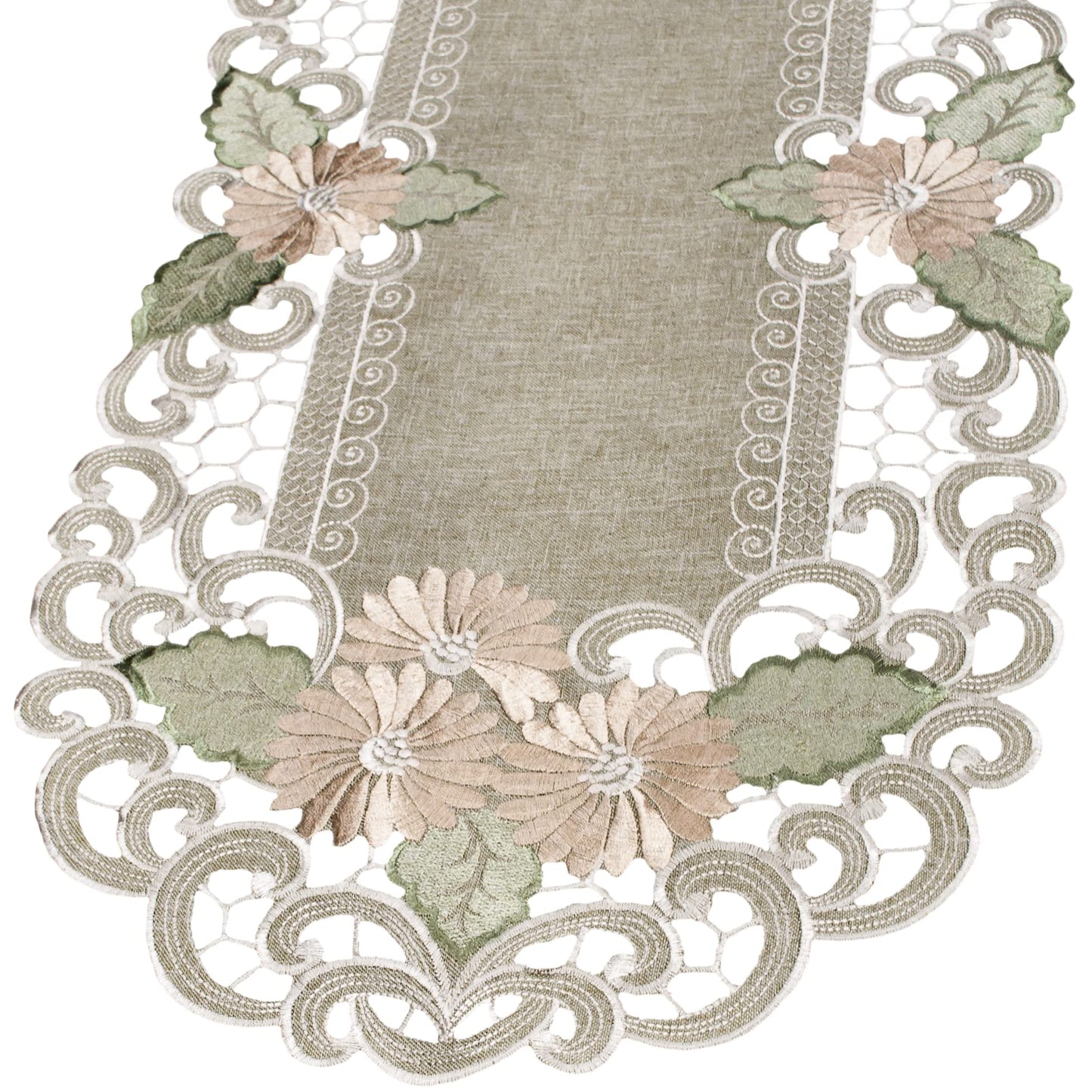 LINENS ART AND THINGS Embroidered Table Runner Gold Daisy Fleur Latte Dresser Scarf Doily (15Wx34L)
