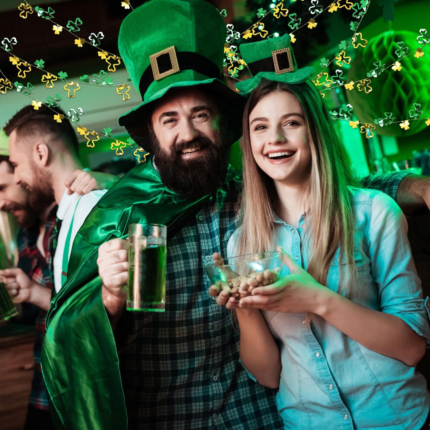 LOAVER 75 Ft St. Patrick's Day Shamrock Wire Wreath Tinsel Garland,3 Rolls Hollowed Metallic Twist Garland Irish Festive Clover Wreath for St. Patrick's Day Party Wall Crafts Decoration(Green & Gold)
