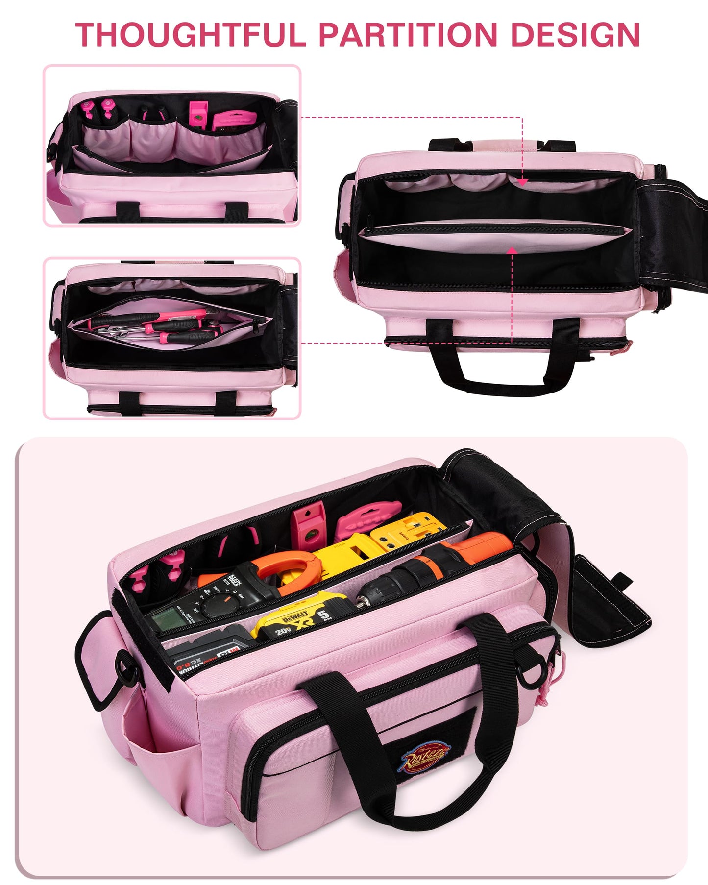 Trahzia Tactical Tool Bag for Women, 16 Inches Tool Storage Organizer Box with Wide Mouth, Large Toolbag Toolbox with Handle, Pink (Empty Bag Only)