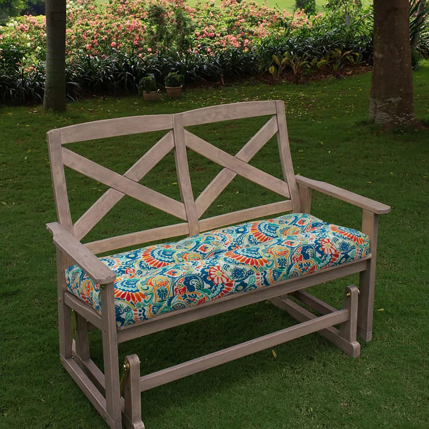 Magpie Fabrics Indoor Outdoor Bench Cushion 42"x18", Non-Slip Tufted Long Seat Pads, Patio Loveseat Cushion for Window, Garden, Swing, Settee - Paisley Multi