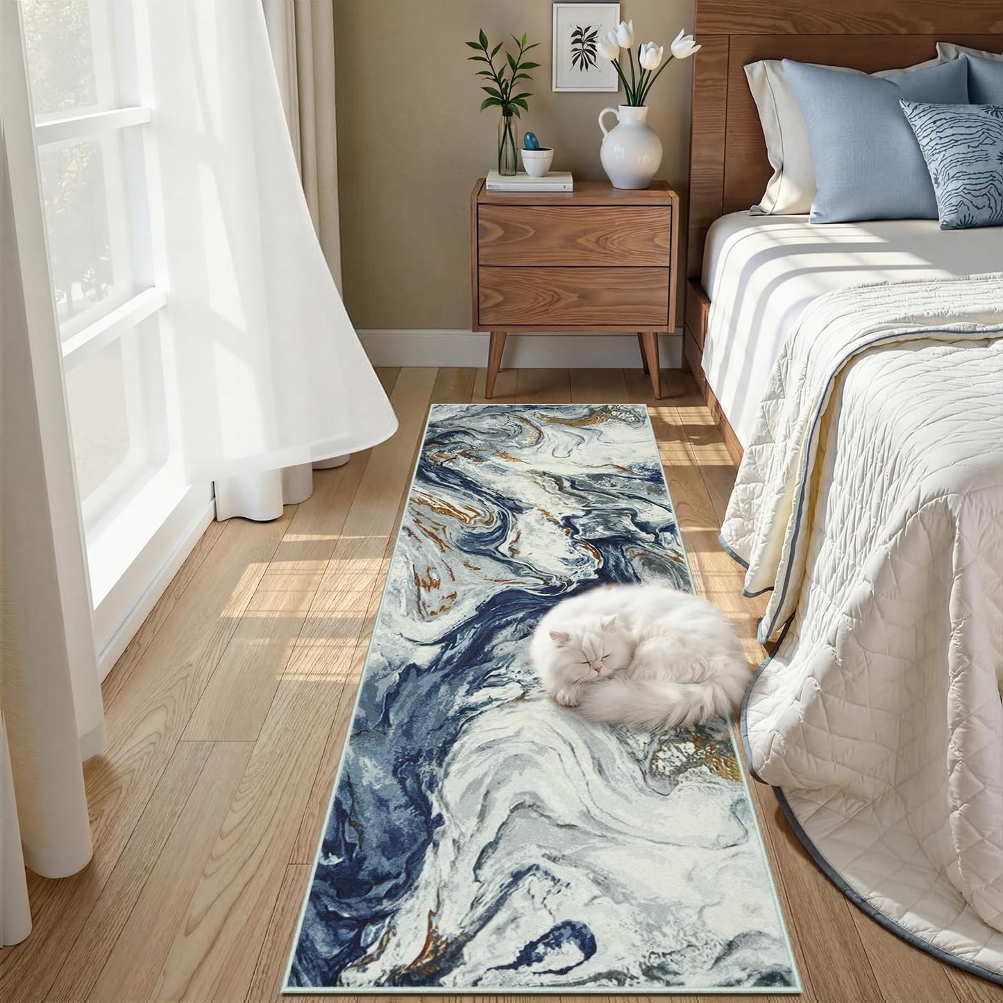 2x8 Kitchen Runner Rugs Washable Blue Soft Hallway Runner Non Slip Marble Entryway Rug Abstract Laundry Mat Stain Resistant Carpet for Entryway Bedroom Bathroom Beside Rug