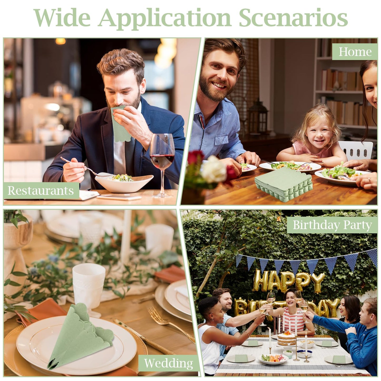 100 Pcs Cocktail Napkins, 2-Ply 5 x 5 Inches Disposable Scalloped Napkins, Thick Premium Dessert Napkins for Party, Wedding, Dinner, Birthday, Anniversary, Festival (Sage Green)