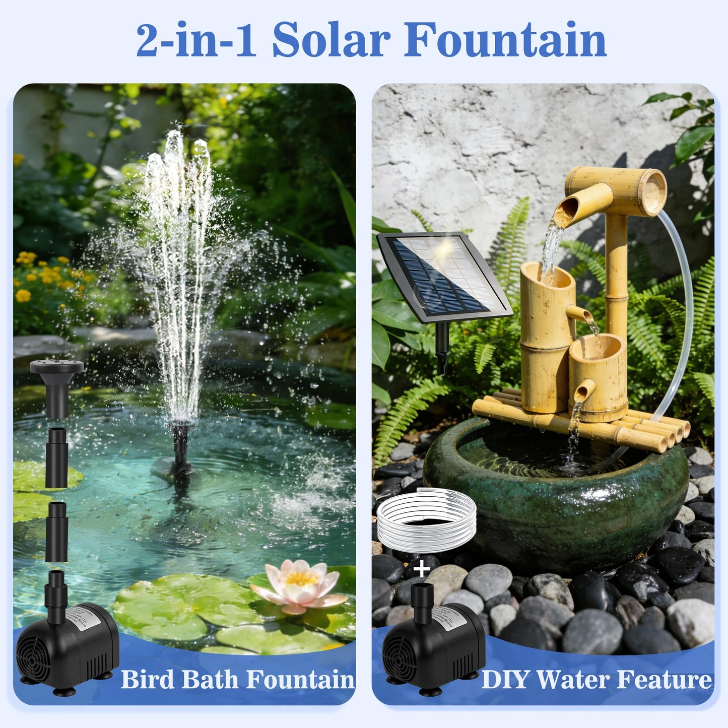 FYDGTPI 2.5W Solar Water Pump with 3 Spray Nozzles, 3.94FT Tubing, 9.85FT Power Cable, DIY Solar Water Fountain for Garden, Yard, Water Feature