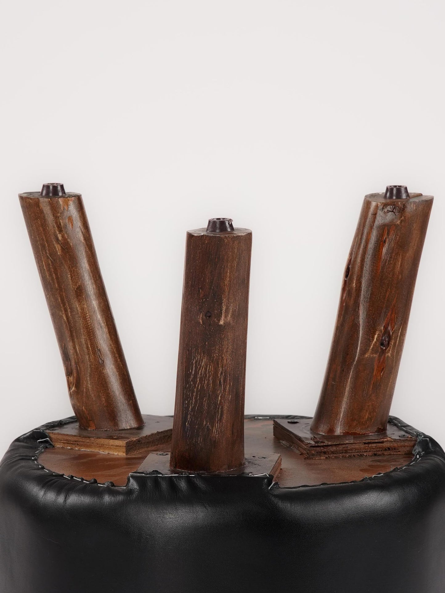 Handmade Eco-Friendly Geometric Buffalo Leather & Wood Black Round Ottomon Stool 18"X14"x14" from BBH Homes