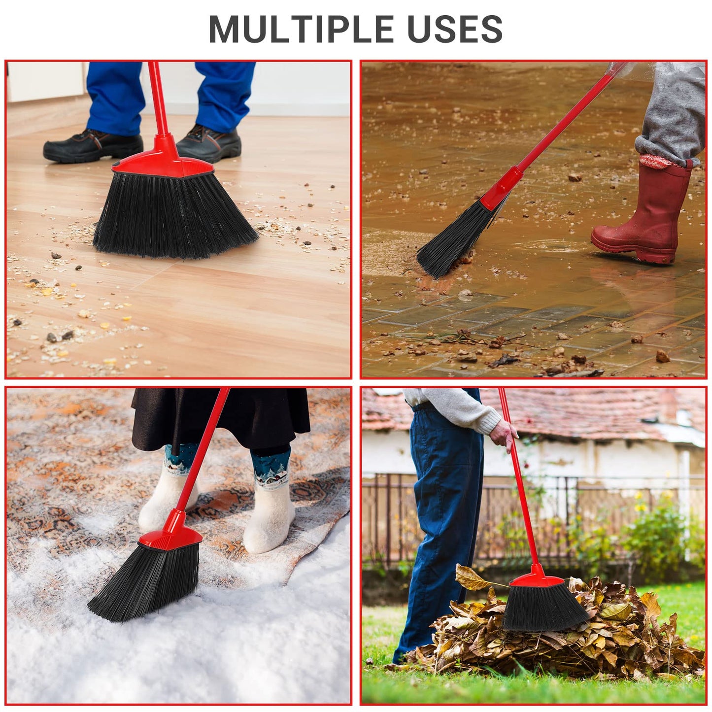 12 Pcs Heavy Duty Commercial Angle Broom 53 Inch Long Handle for Sweeping Indoor Outdoor - Garage, Courtyard, Patio, Lobby, Mall, Market, Shop, Sidewalk Floor (Red)