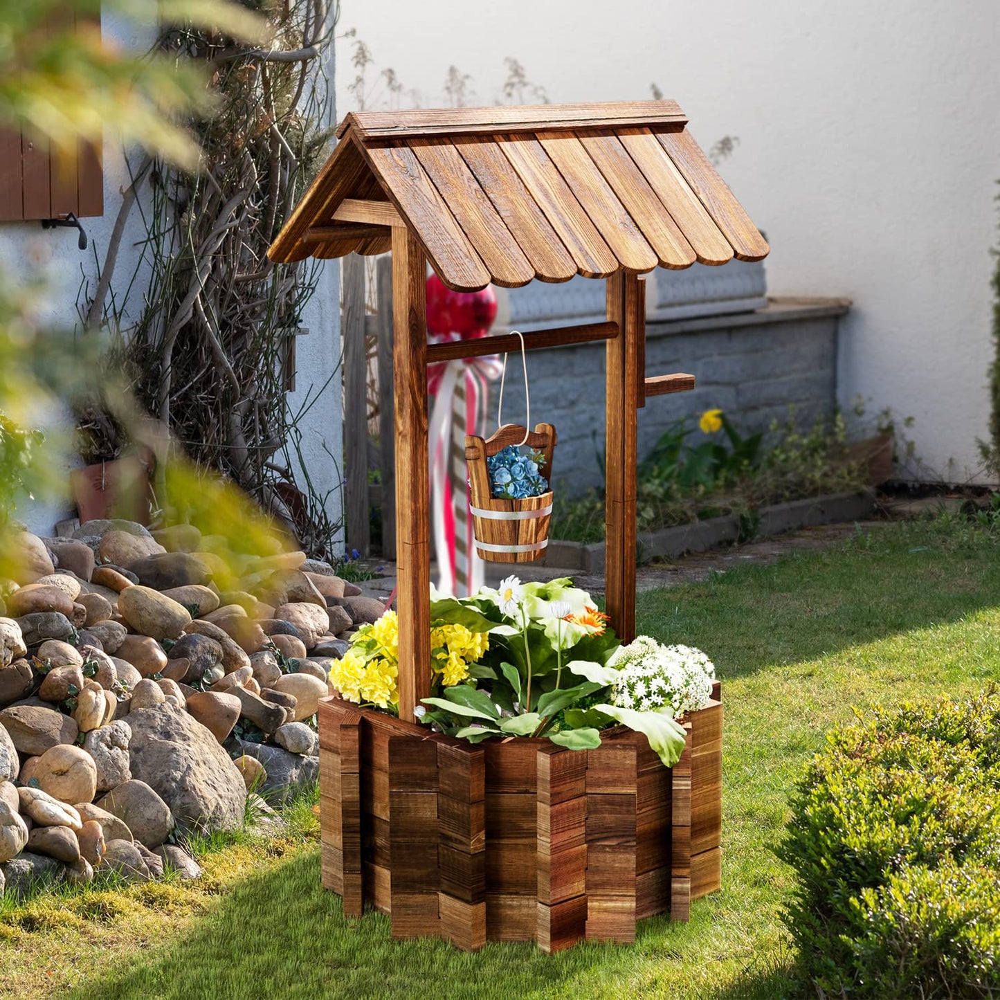 Aoxun Wooden Wishing Well Planters with Hanging Bucket, Garden Helper, Rustic Garden Decor for Outside, Yard, and Patio, Upgrade Reinforced Base, Brown
