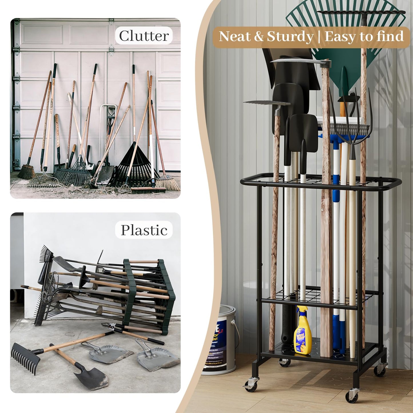 AUGOHCMIL Garden Tool Organizer with Wheels, Heavy Duty Metal Garage Tool Storage Rack, Yard Tool Holder for Long-Handled Tools, Rakes and Brooms, Indoor and Outdoor Use for Shed, Patio