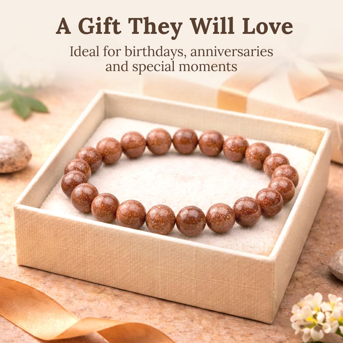 Elm City Direct 8mm Natural Stone Beaded Bracelet – Unisex Crystal Stretch Bracelets for Men & Women, Chakra & Healing Jewelry, Gift-Ready Beaded Bracelets (Gold Stone, 8mm)