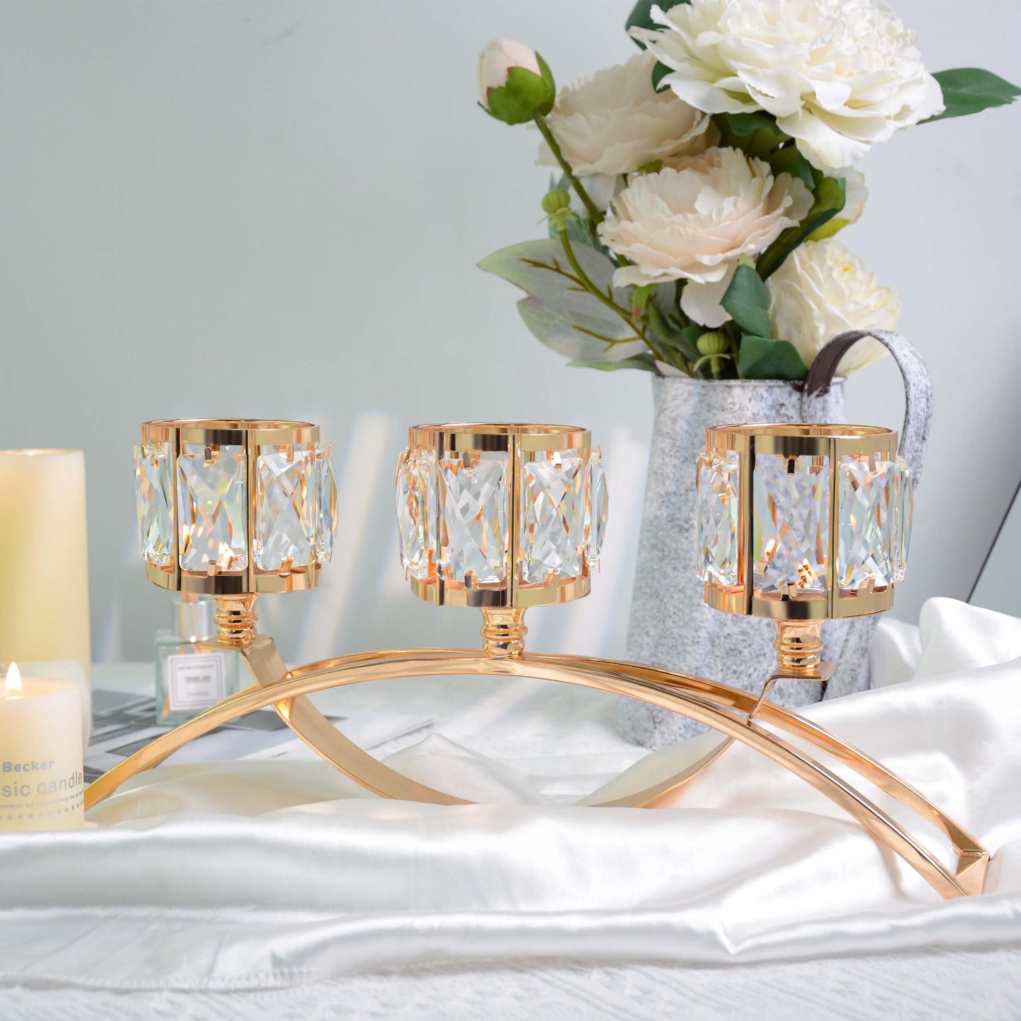 3 Arms Crystal Bowl Tealight Candelabra Votive Candle Stand, Candlestick Holders Wedding centerpieces for Tables Crystal Candlestick,Centerpiece Table Decorations (Gold)
